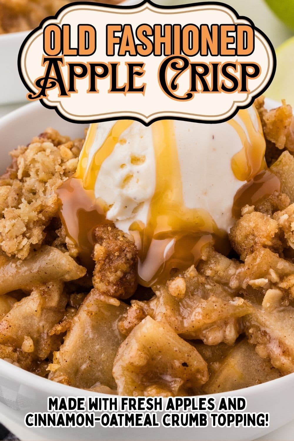 A bowl filled with apple crisp with a scoop of vanilla ice cream