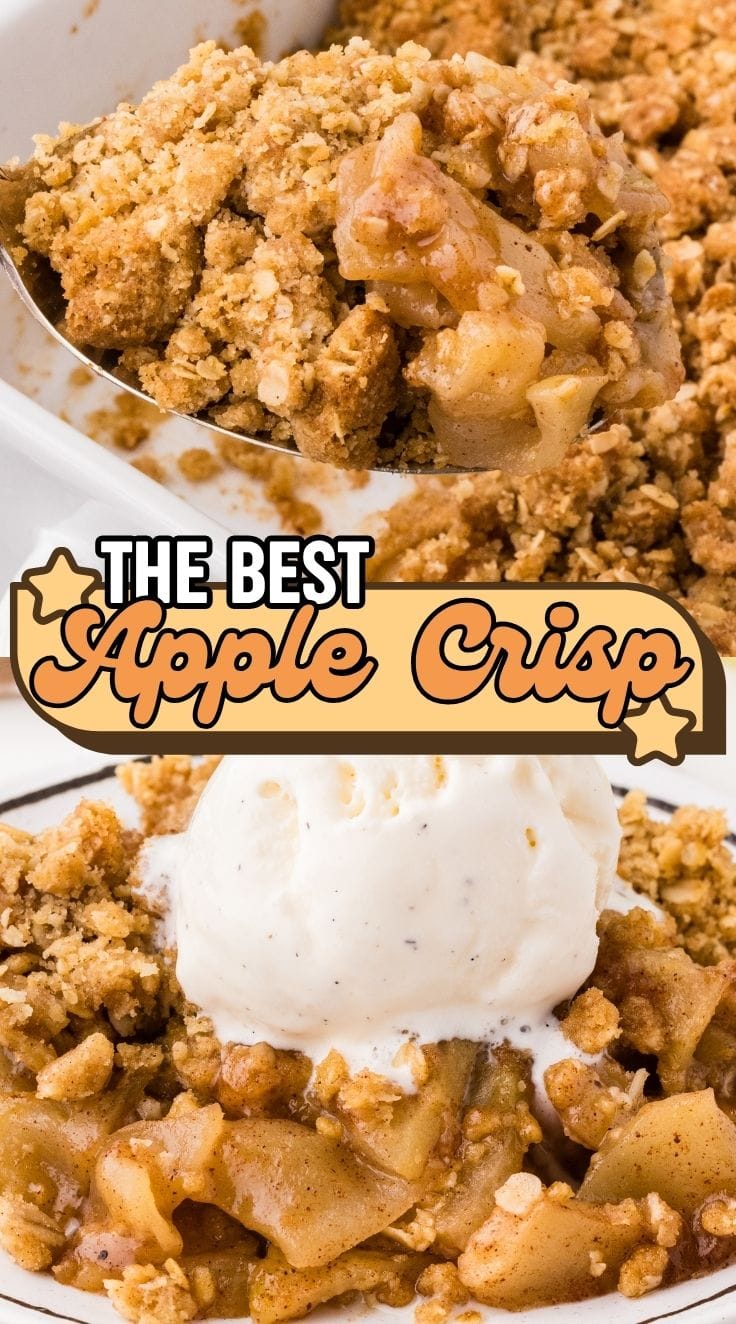 A spoon scooping out apple crisp from the container