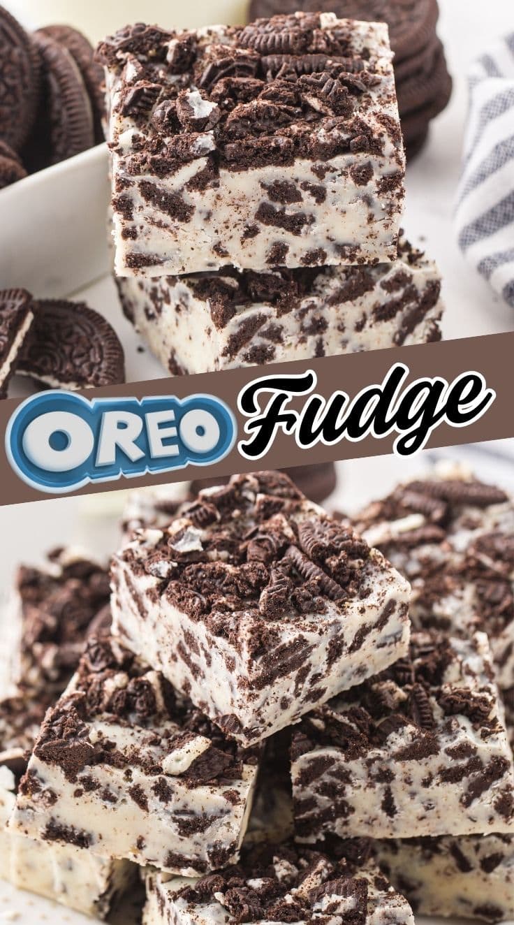 A stack of Oreo Fudge on a white surface