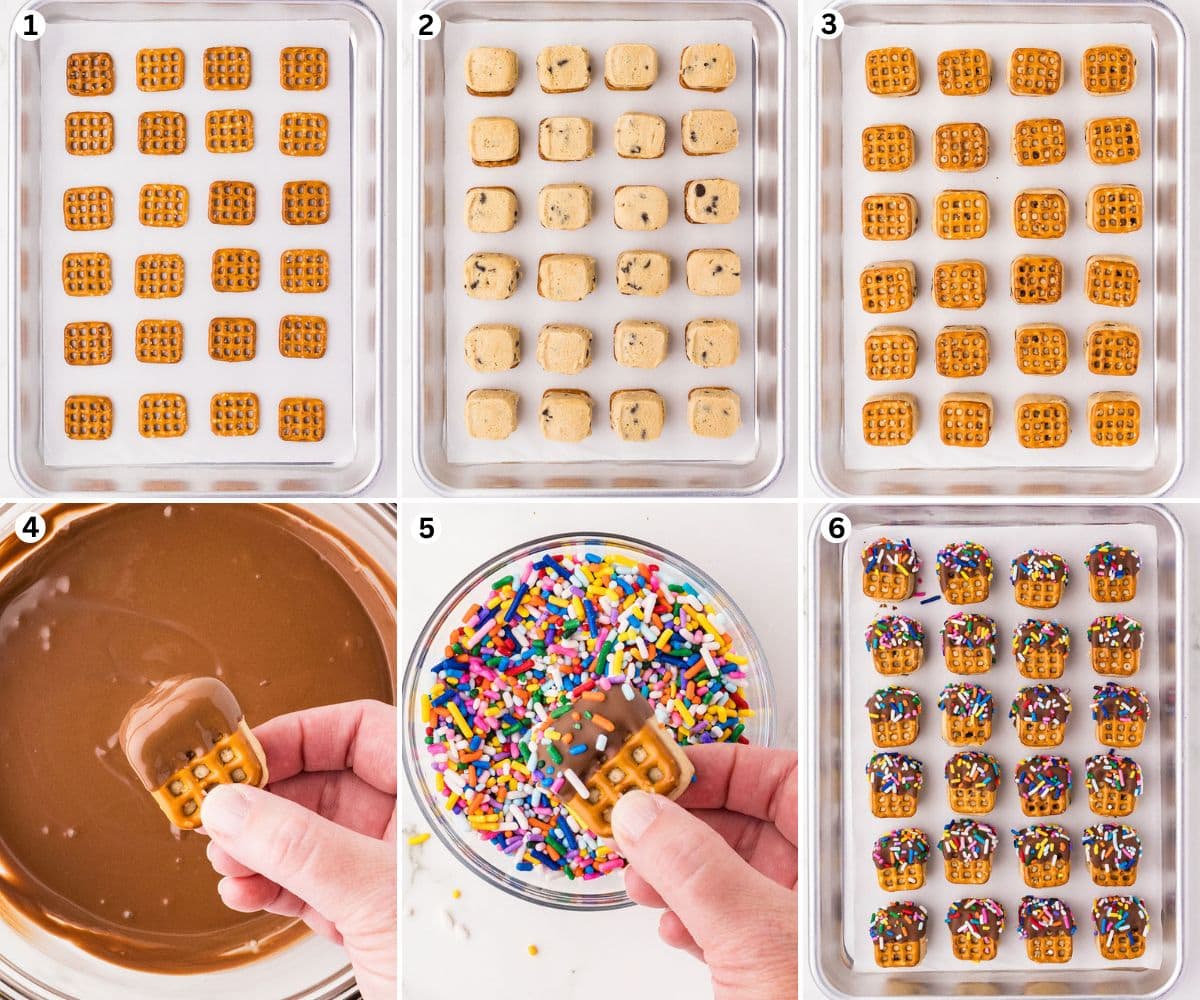 Assemble the pretzels in the baking sheet. Press cookie dough in the baking sheet. Press a mini pretzel on top of the cookie dough. Dip each pretzel cookie dough bite halfway into the melted chocolate. Sprinkle the chocolate portion with rainbow colored jimmies.