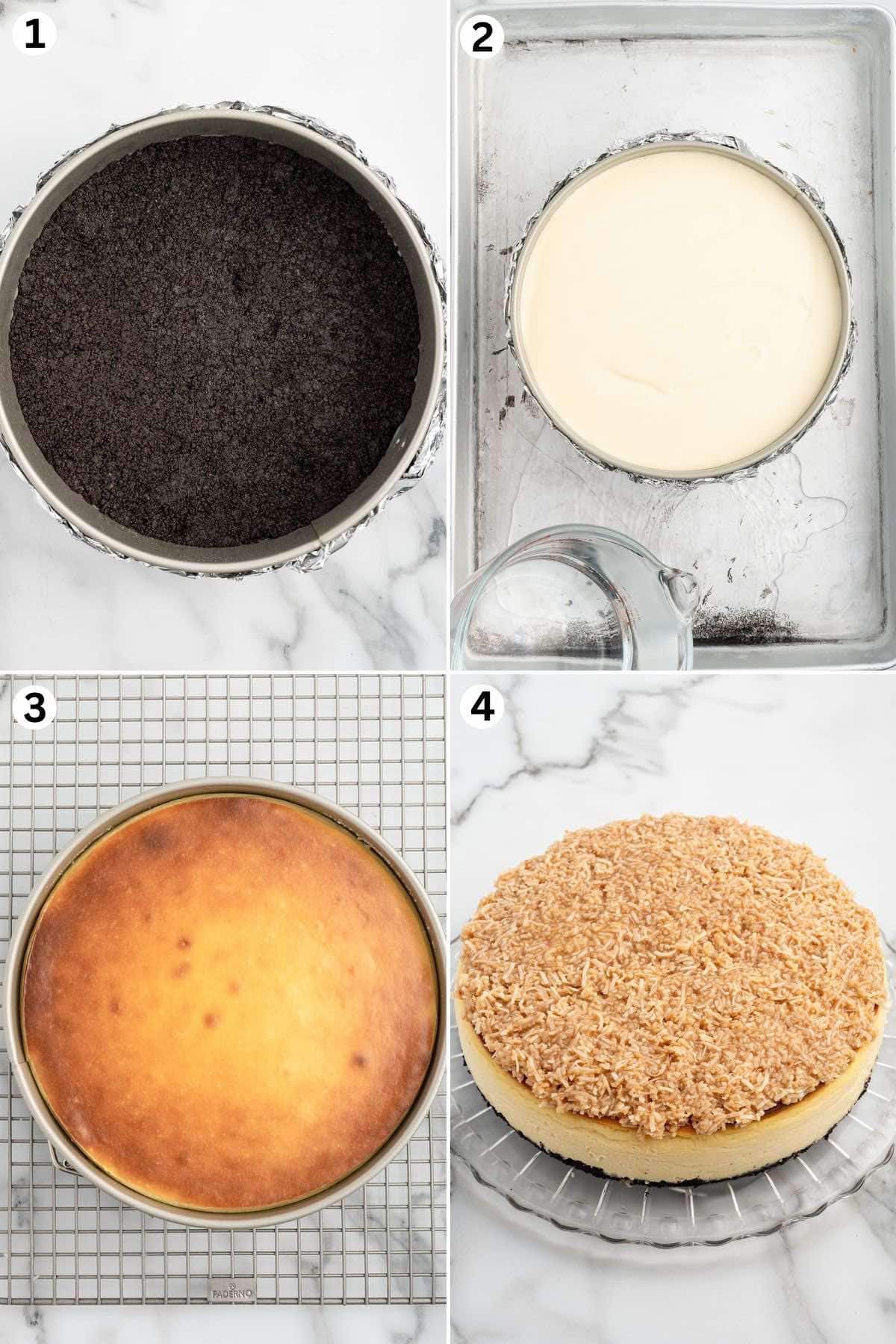 Press the chocolate cookie crust mixture into the bottom of the pan. Add the cheesecake batter into the springform pan. Bake in water bath until the top is lightly golden. Spread the Samoa cookie topping over the cheesecake.