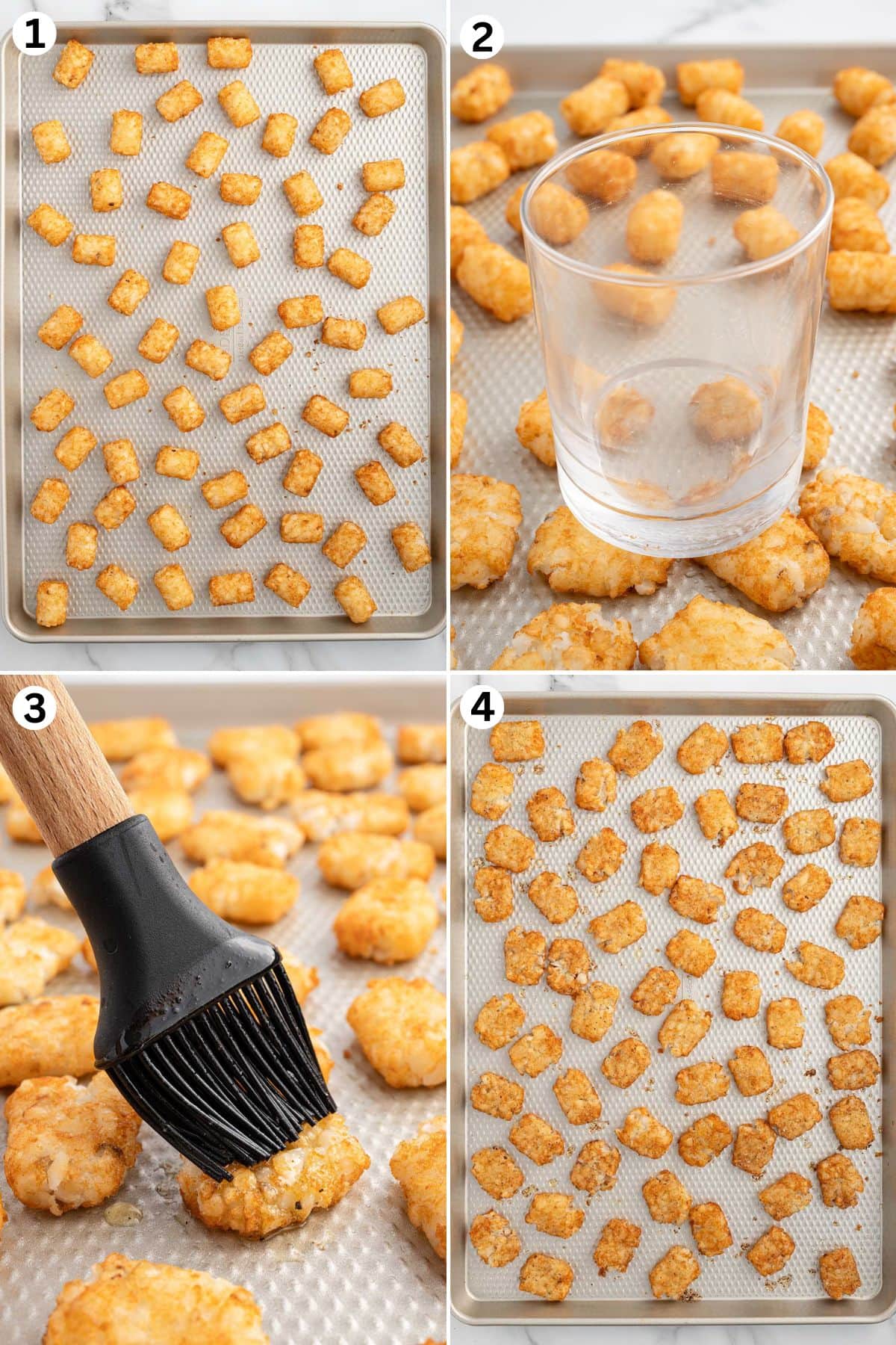 Bake the tater tots. Gently smash each of the tater tots on the baking sheet. Brush with a light coating of the melted butter mixture. Bake.