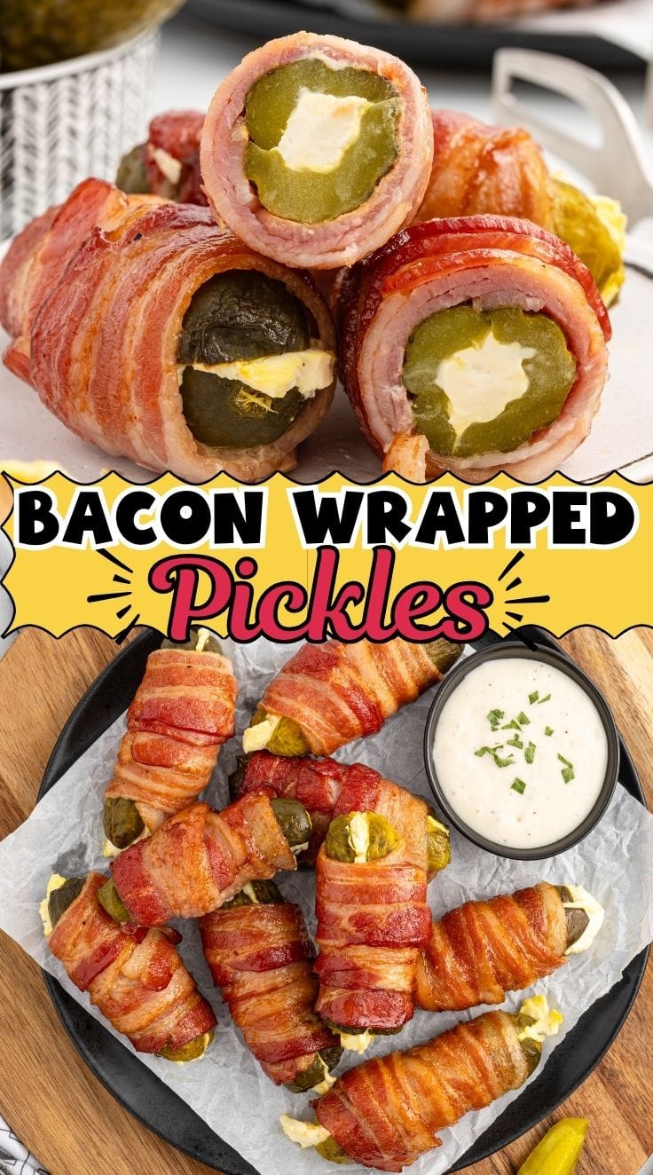 Bacon Wrapped Pickles served on a black plate with a bowl of dipping sauce.