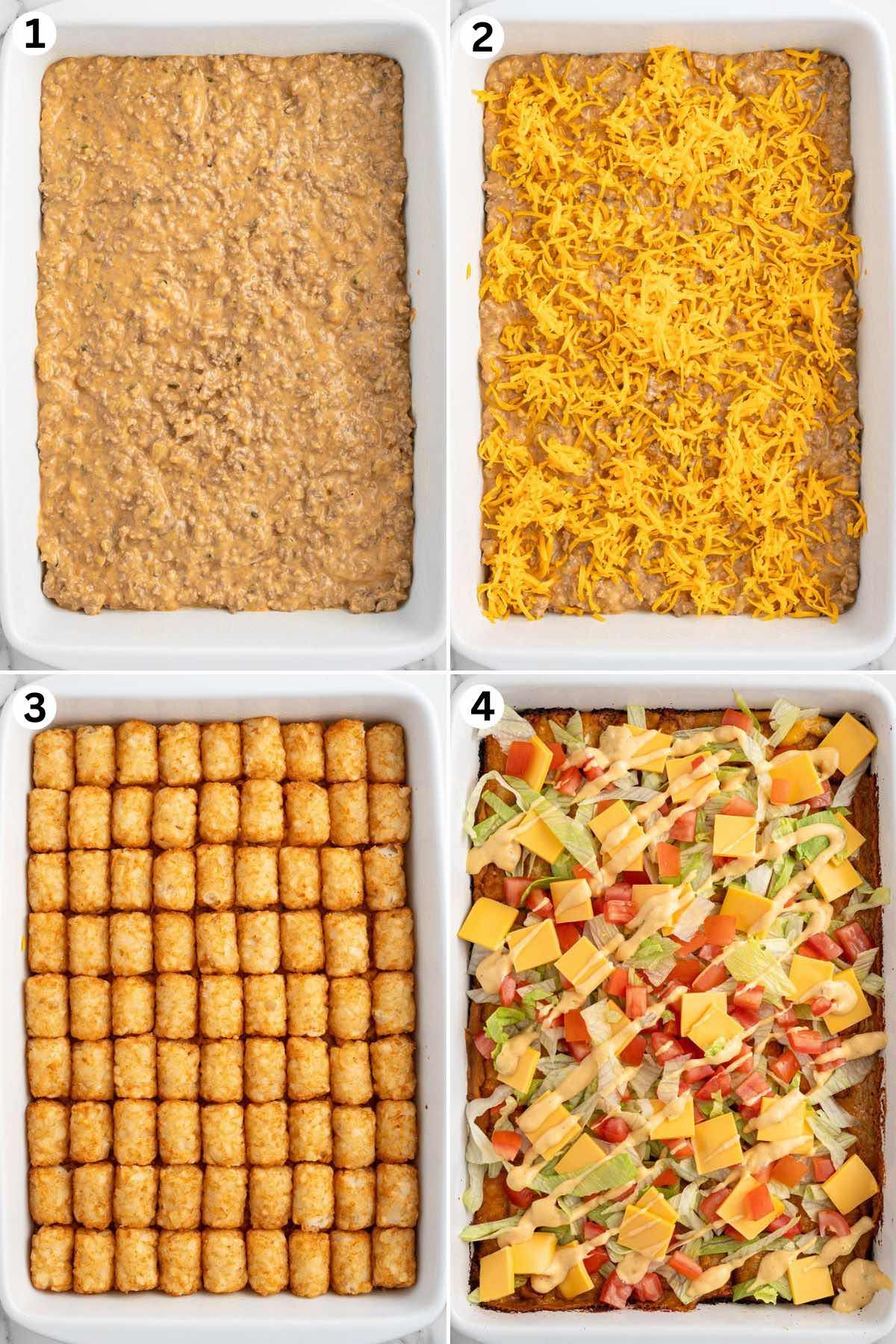 Spread the ground beef and cheese mixture into the bottom of the baking dish. Top with the remaining shredded cheddar. Arrange the tater tots in a single layer. Top the casserole with lettuce, tomatoes, and American cheese.