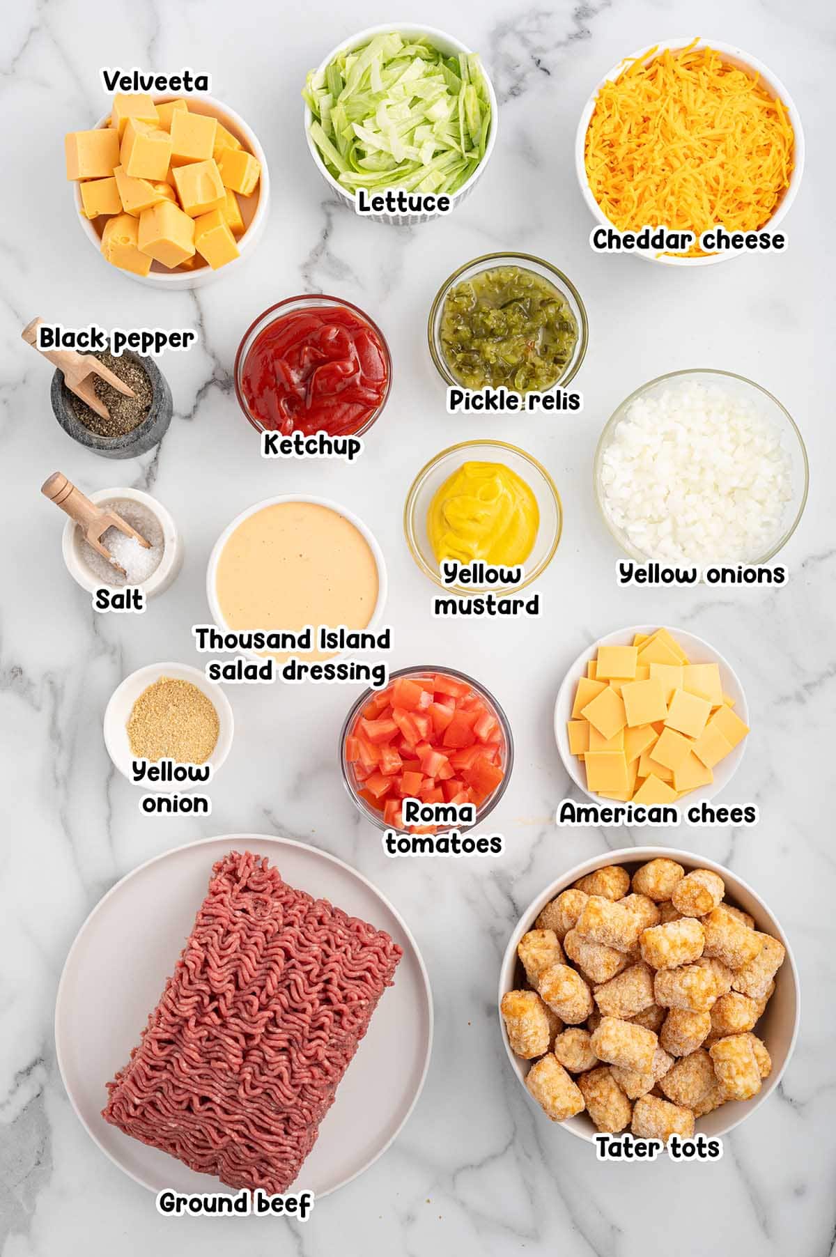 Big Mac Tatertot Casserole ingredients.
