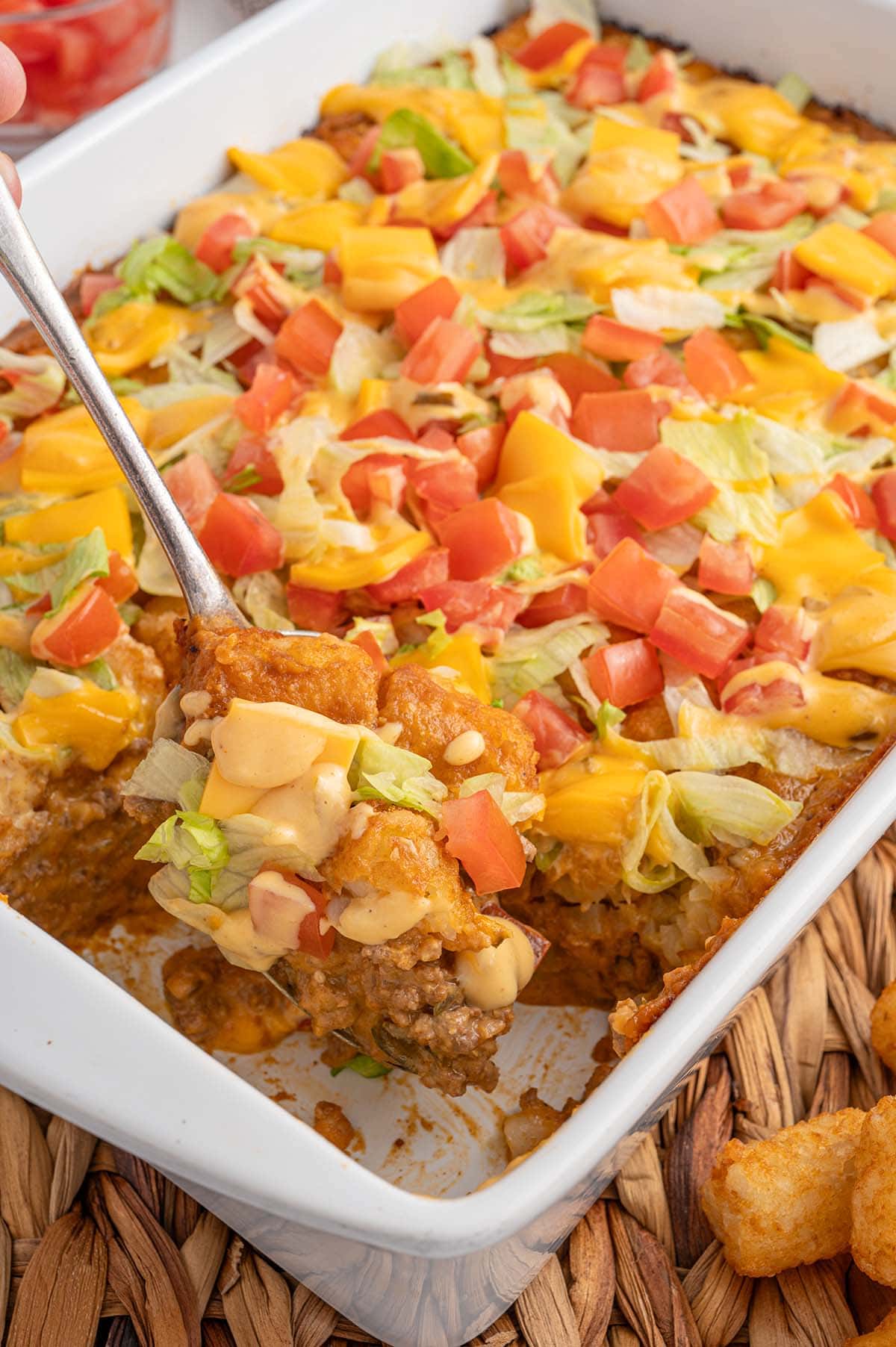 Big Mac Tater tot Casserole in a baking dish.