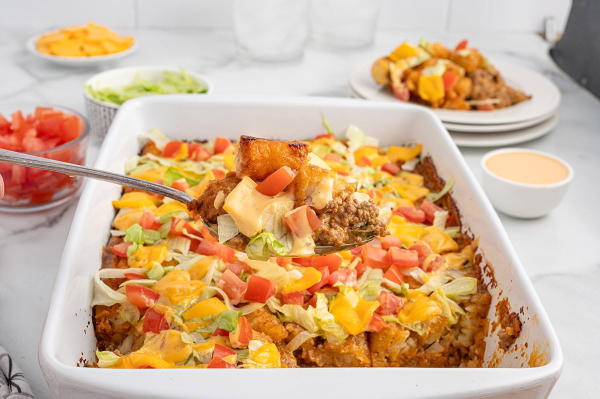 a spoonful of Big Mac Tatertot Casserole.