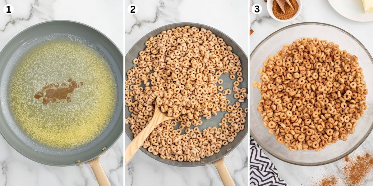 Melt the butter on the stove top, mix in the vanilla, add the Cheerios, and stir to coat. Transfer to a mixing bowl and coat with a cinnamon sugar mixture.