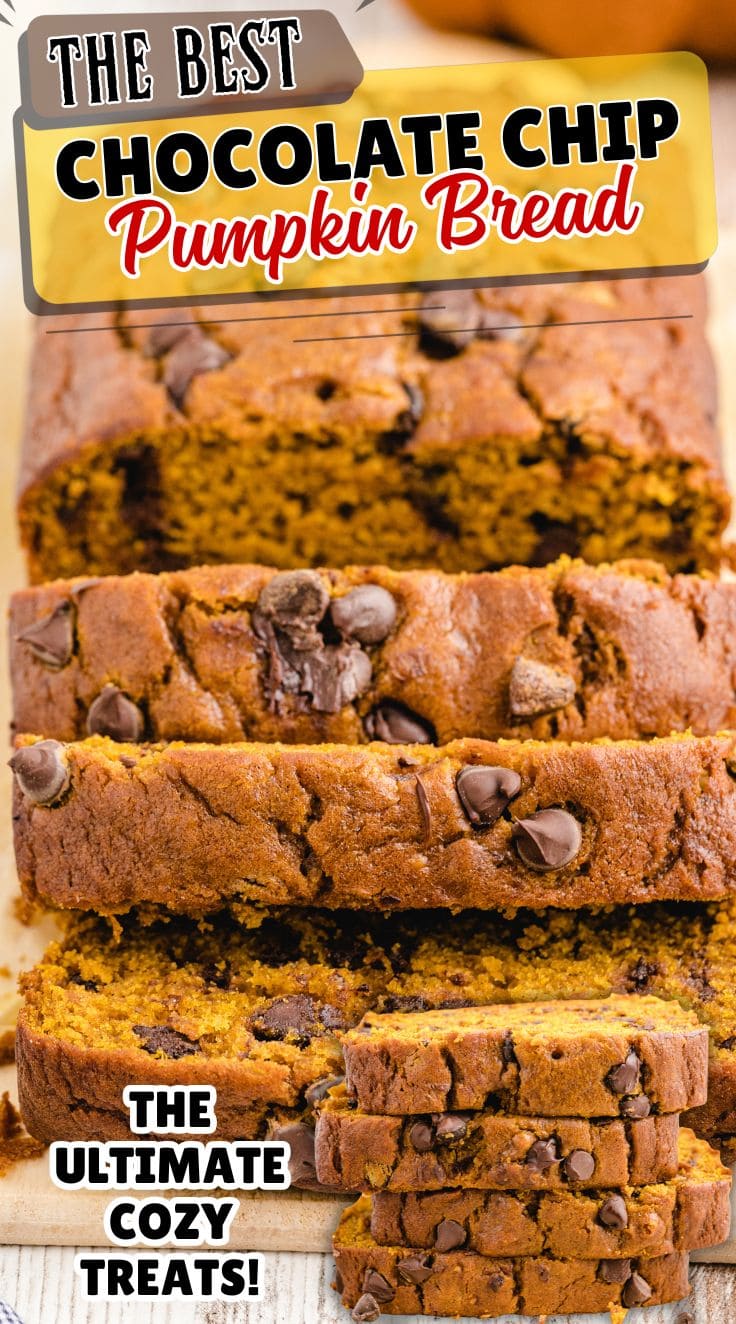 Sliced moist Chocolate Chip Pumpkin Bread on a wooden board