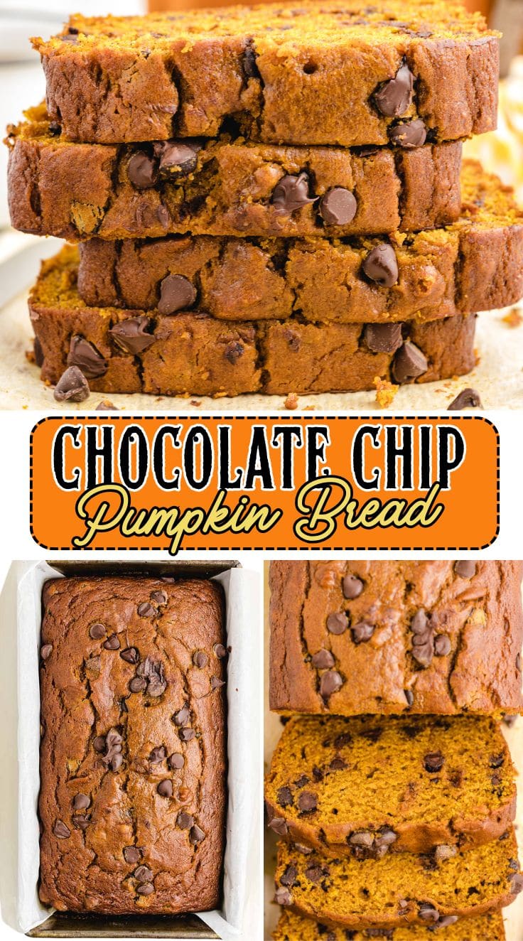Slices of Chocolate Chip Pumpkin Bread stacked on top of each other