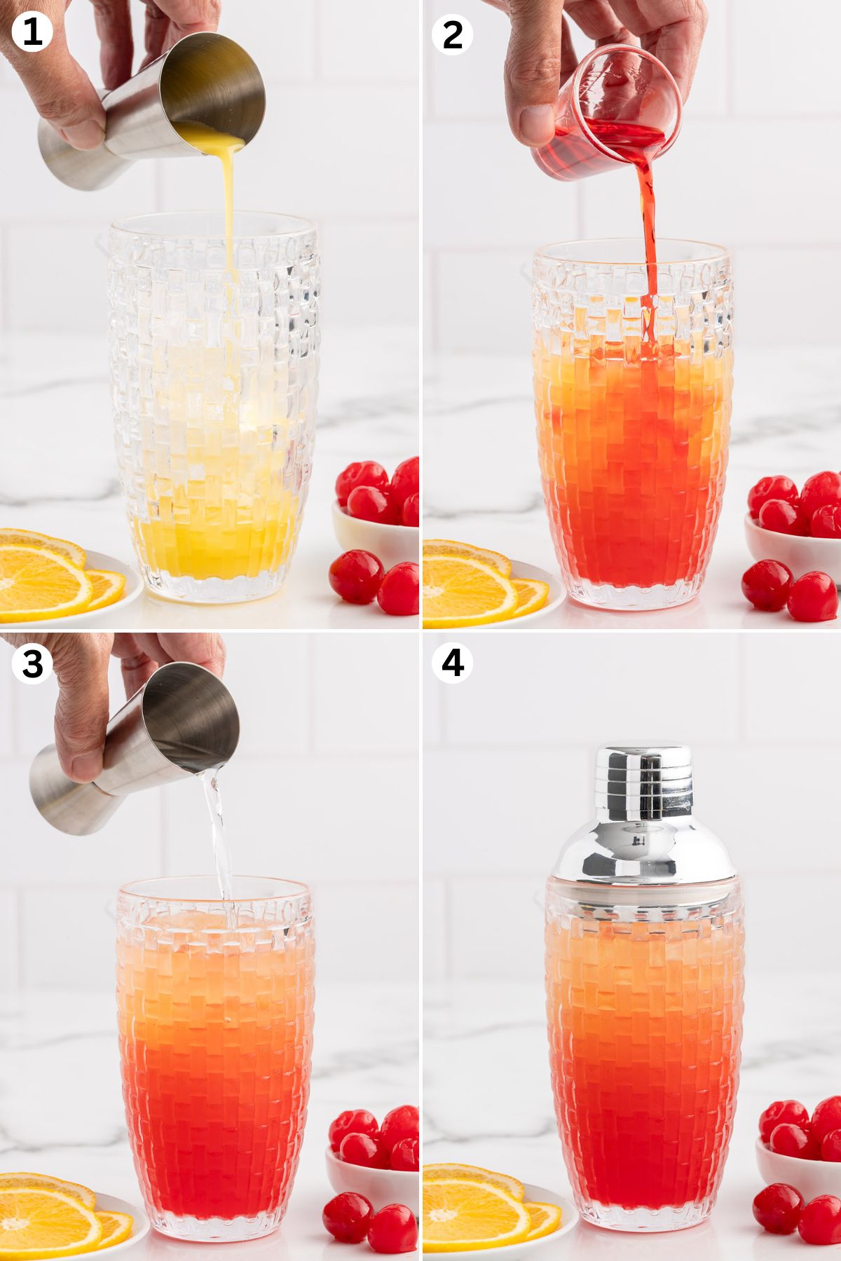 In a cocktail shaker, add the orange juice, lime juice and pineapple juice. Add the grenadine and dark rum. Lastly add the silver rum. Place the lid onto the cocktail shaker and shake vigorously.