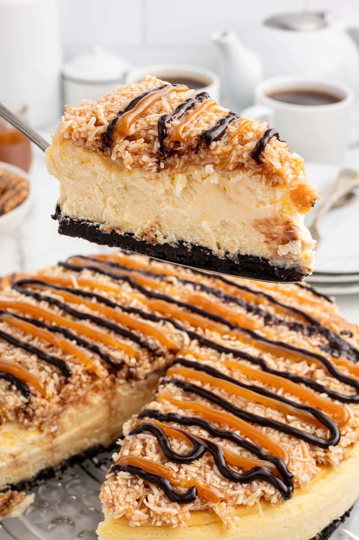 a slice of Samoa Cheesecake.