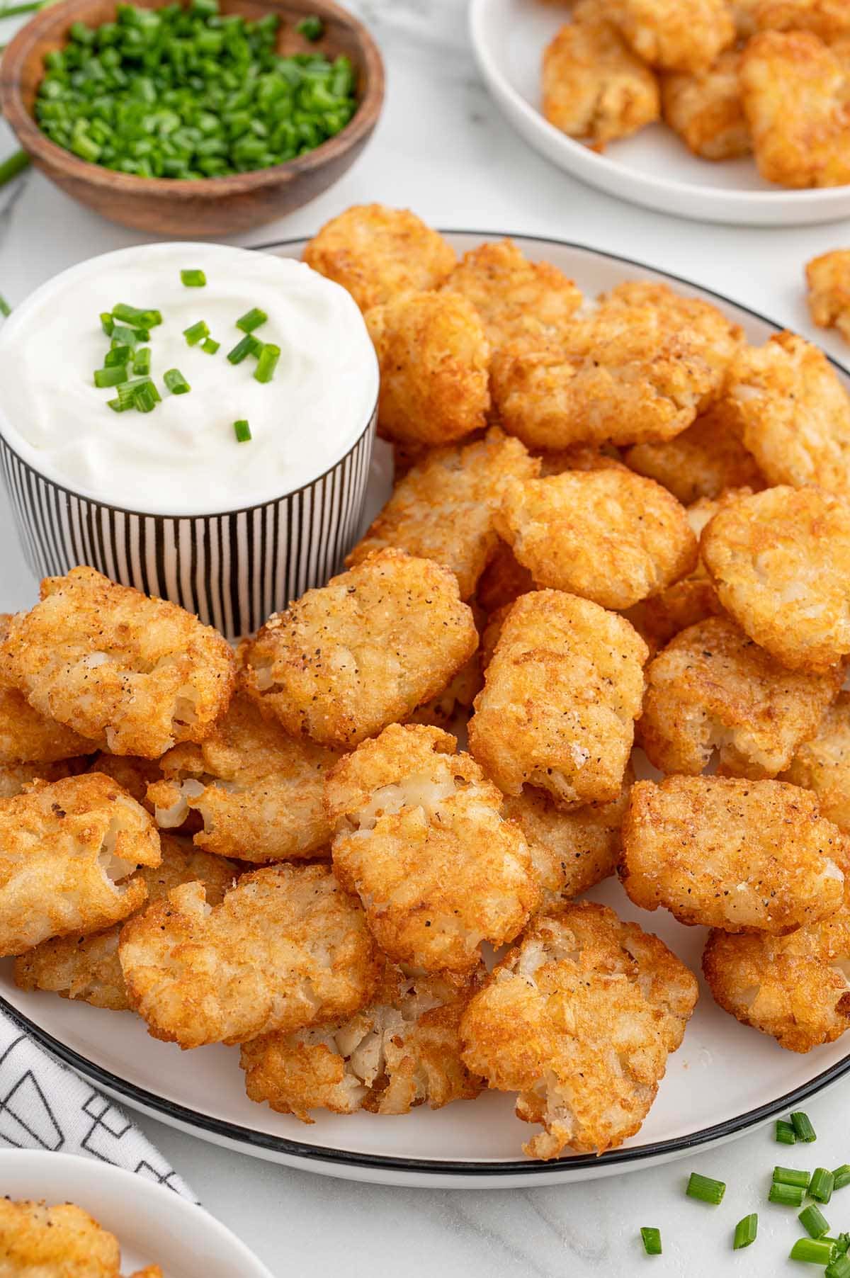 a plate of Smashed Tater Tots in a white plate with dipping sauce.