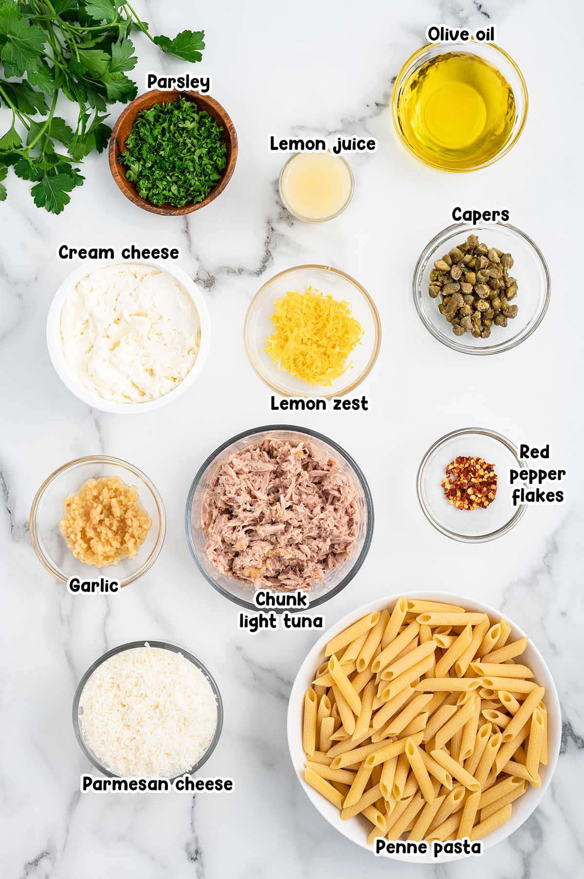 Tuna Pasta ingredients.