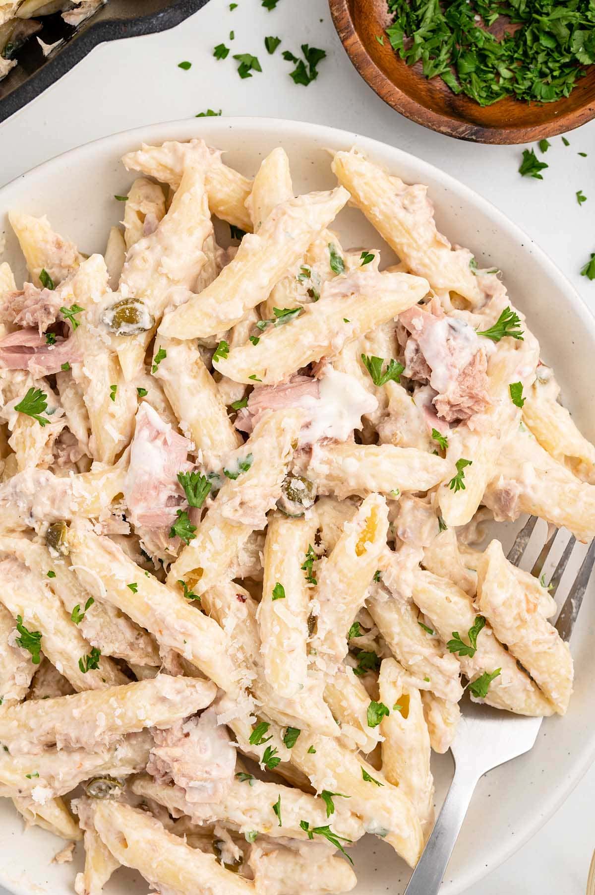 Tuna Pasta in a white bowl.