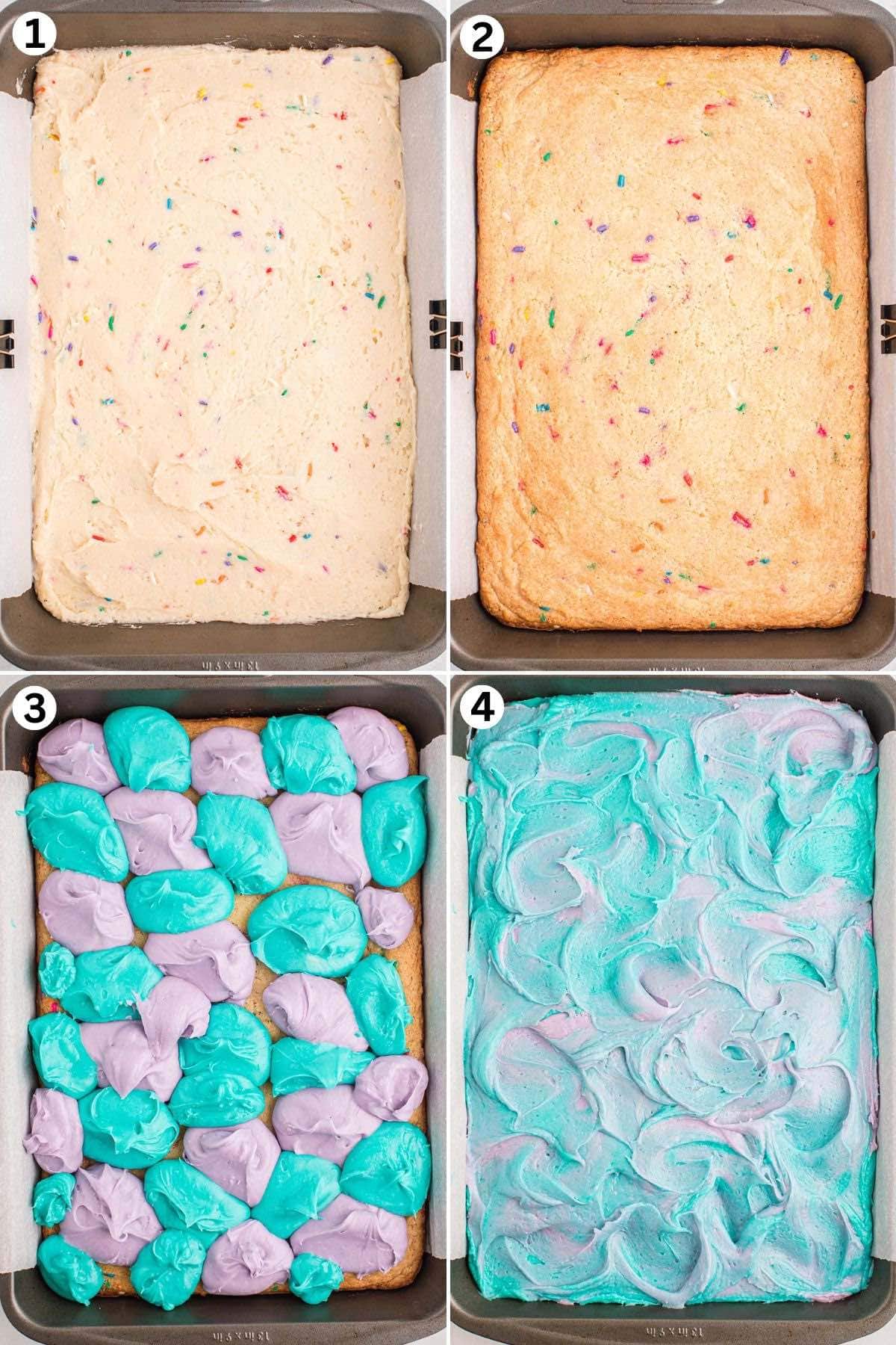 Spread the batter into the prepared pan. Divide the frosting into two bowls and fold in the food coloring. Spread and swirl the frosting over the cooled bars. 