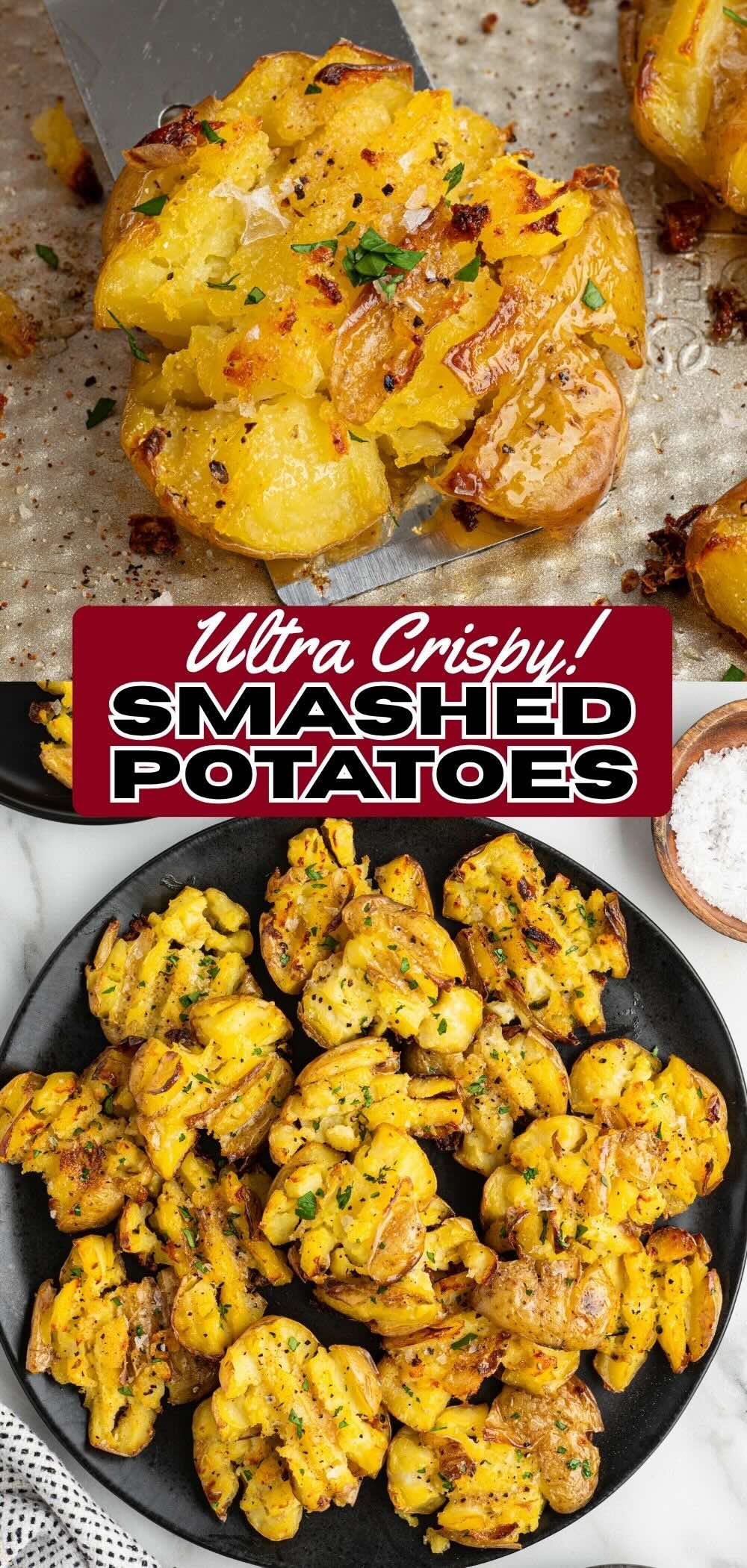ultra crispy smashed potatoes on a plate.