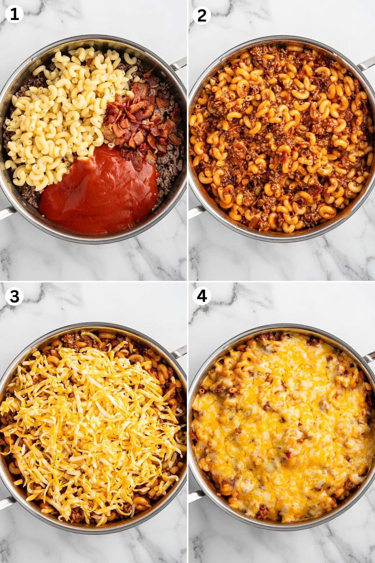 Cook the ground beef. Stir the tomato soup, fully cooked bacon, and pasta into the skillet with the beef. Sprinkle the shredded cheese and melt the cheese.