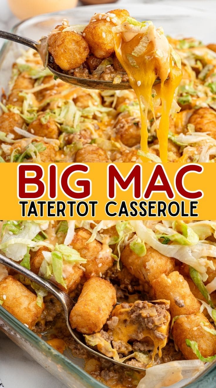 Big Mac Tatertot Casserole with stretchy pulled melted cheese.