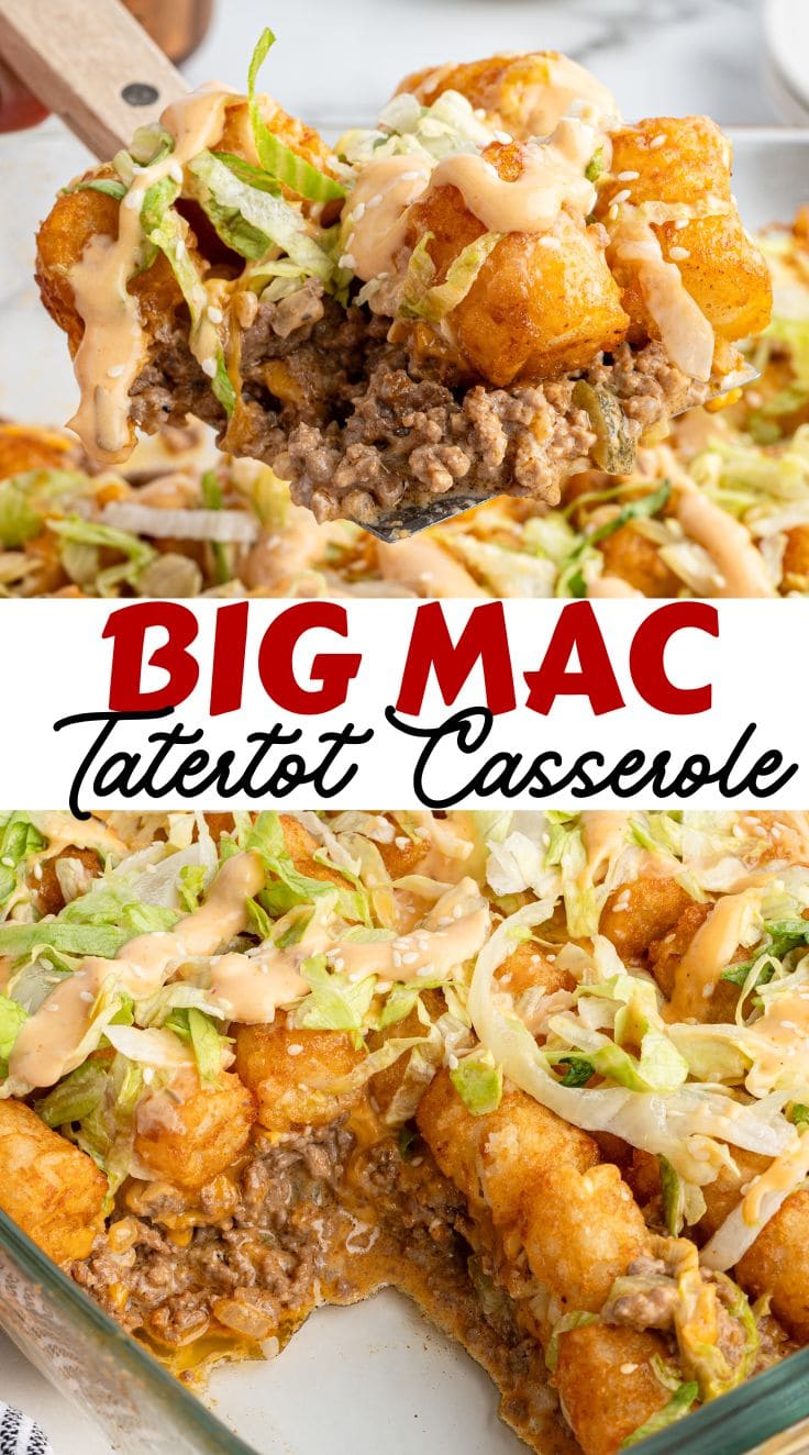 Close up of Big Mac Tatertot Casserole loaded with ground beef and perfectly baked tater tot