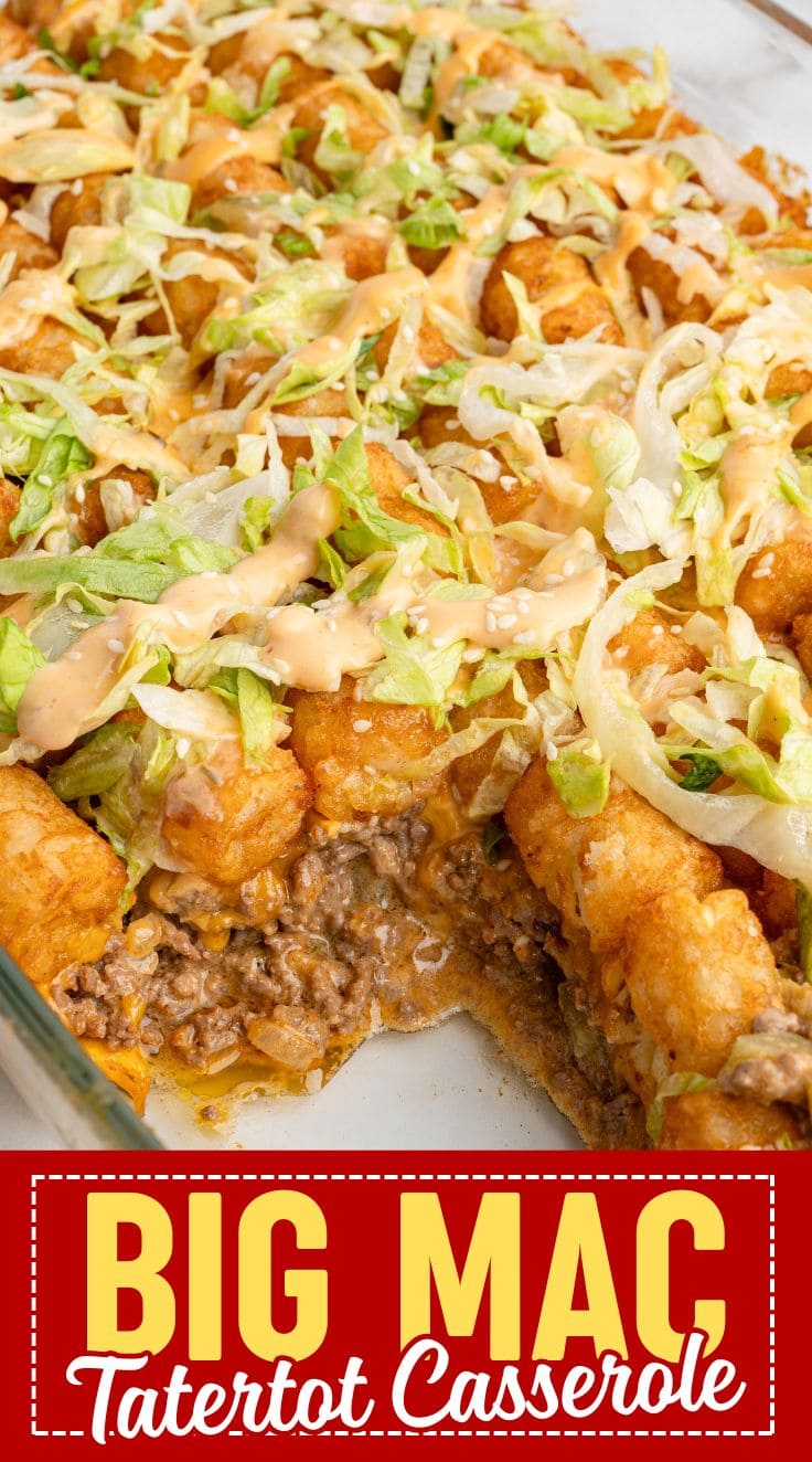 Close up of Big Mac Tatertot Casserole in a glass baking dish topped with shredded lettuce and sauce