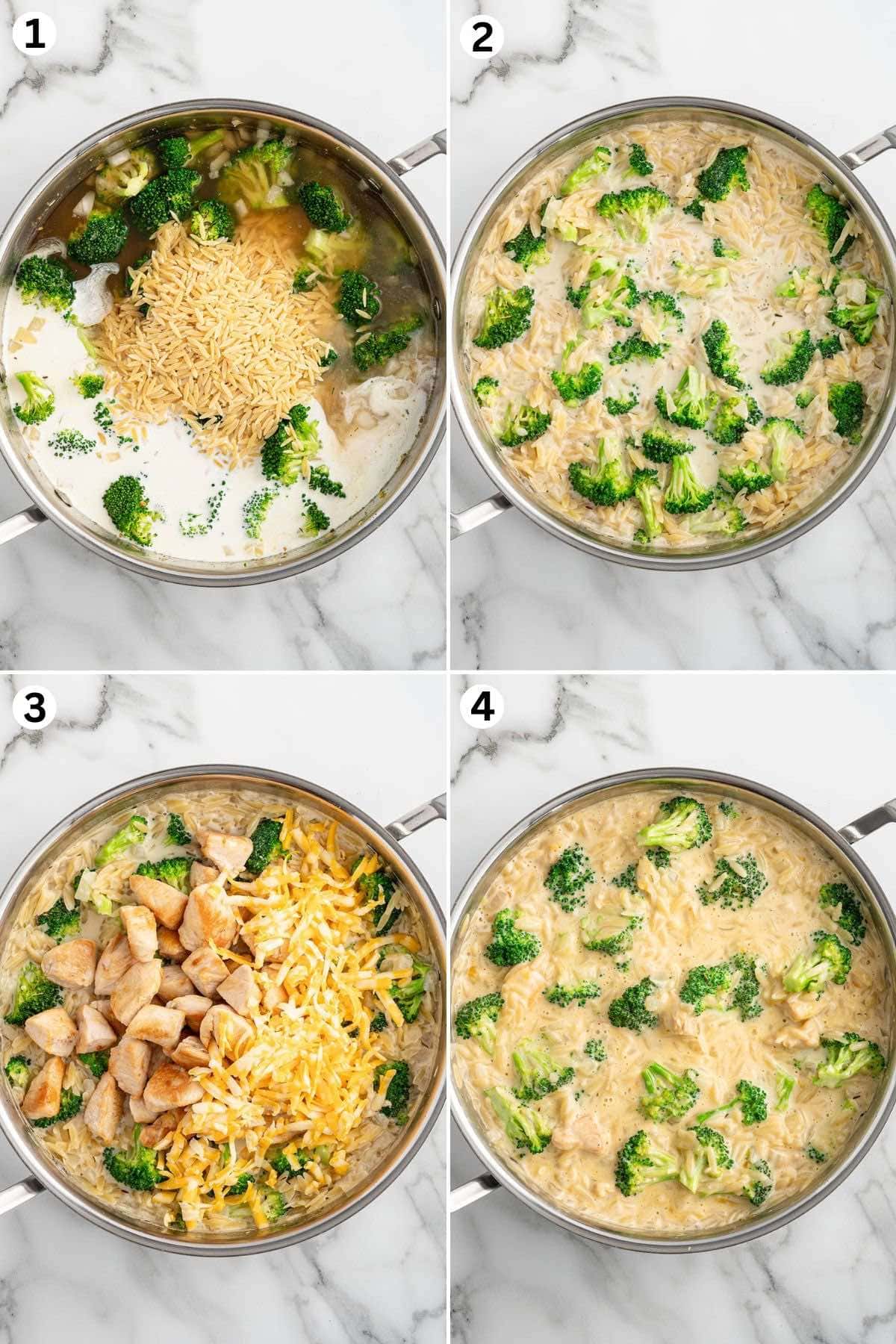 Stir the chicken broth, heavy cream, and orzo pasta into the skillet. Add in the chicken and cheese and stir until the the cheese has fully melted. 