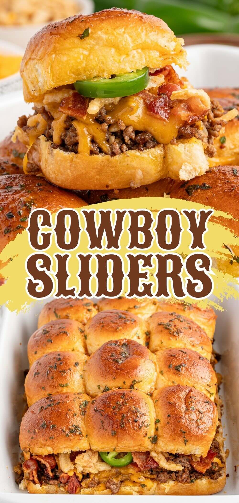 A piece of cowboy sliders filled with seasoned ground beef and bacon paired with sauce and veggies.