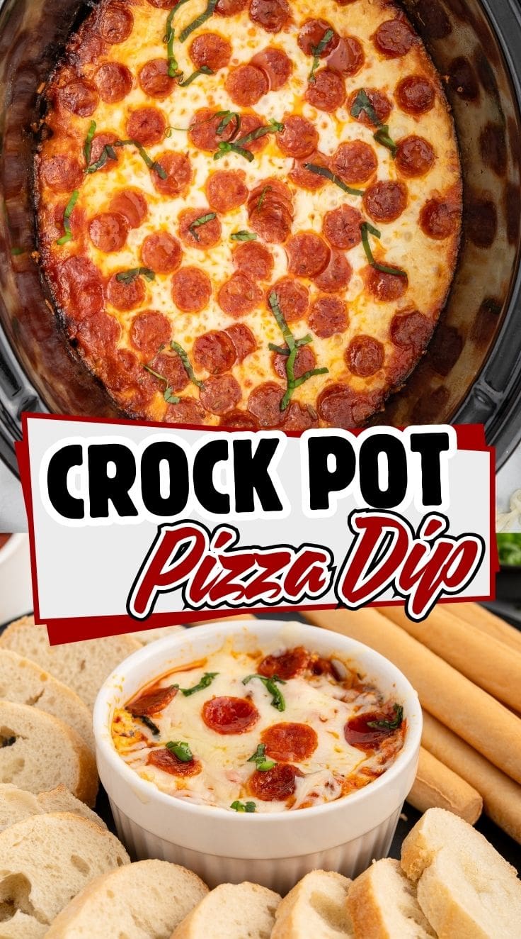 Cheesy crock pot pizza dip with pepperoni and melted cheese served warm in a bowl for dipping.