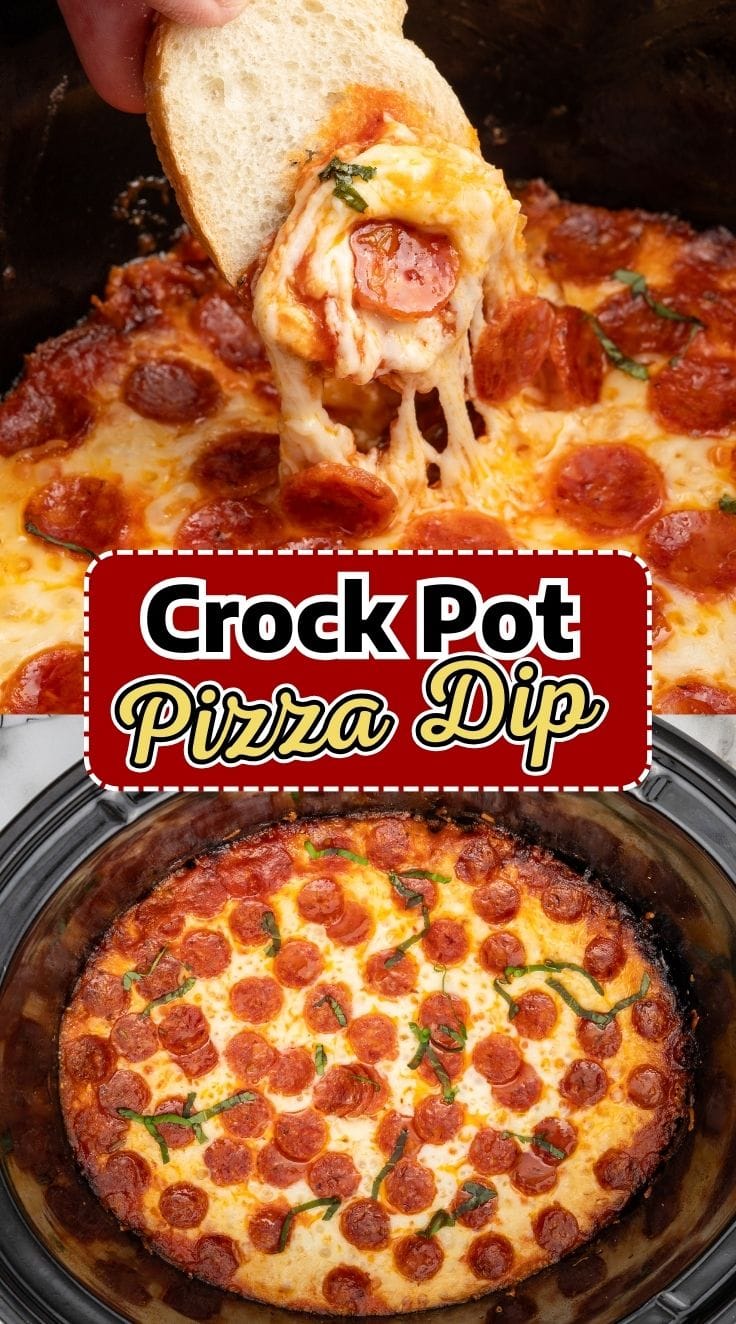 Cheesy crock pot pizza dip with pepperoni and melted cheese served warm in a slow cooker for dipping.