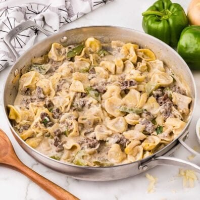 Philly Cheesesteak Tortellini in a skillet.