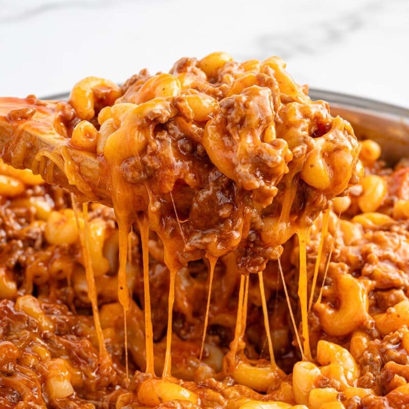 bacon cheeseburger pasta in a large skillet.