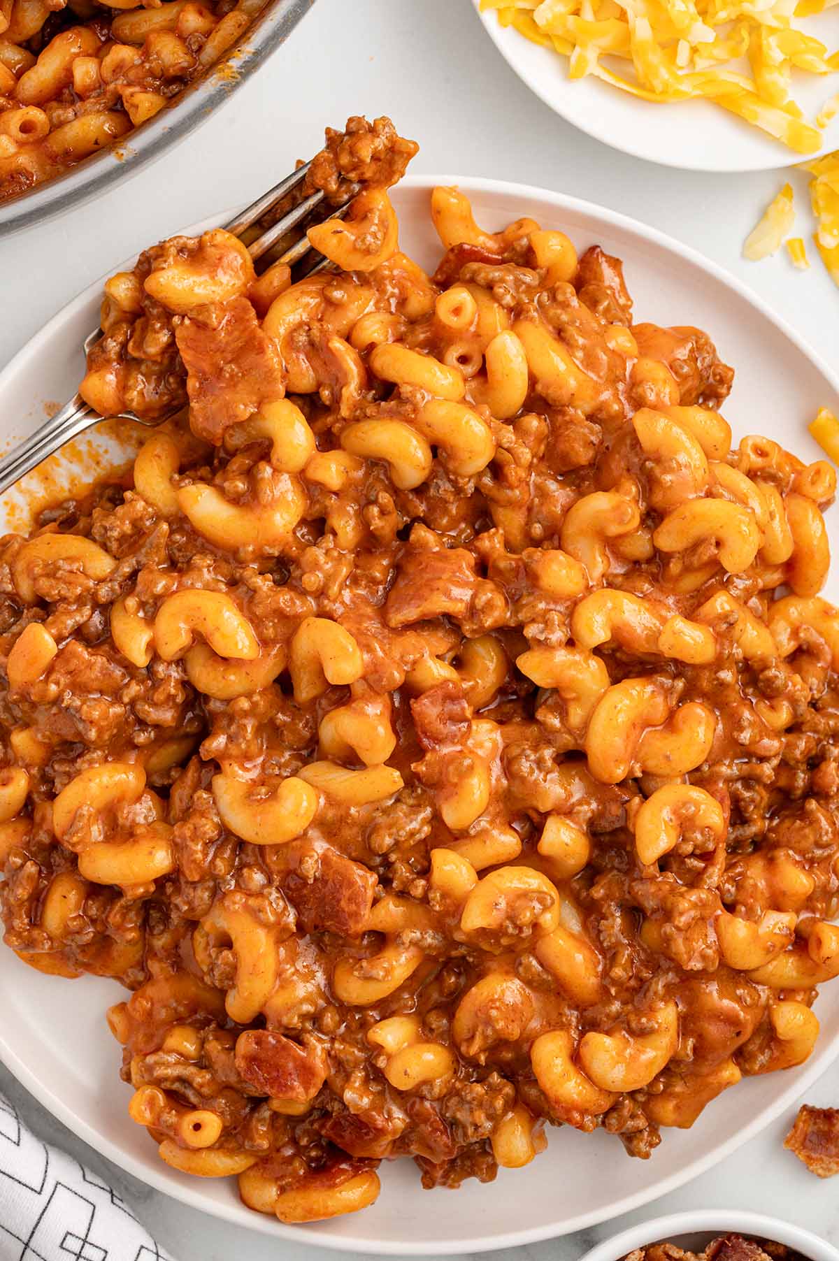 Bacon Cheeseburger Pasta on a white plate.