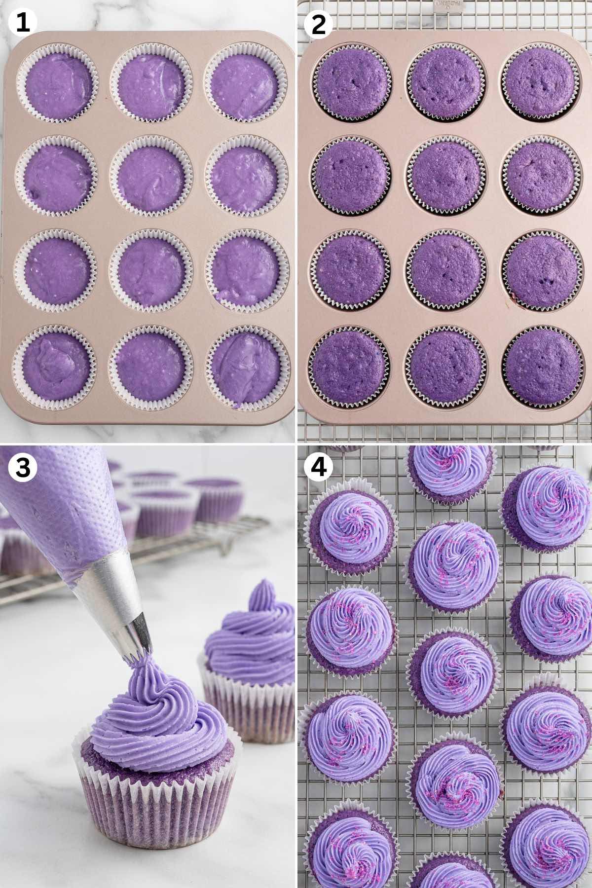 Fill the cupcake liners. Bake until a toothpick comes away with only a few crumbs. Pipe frosting in a spiral pattern over the top of each cooled cupcake. Sprinkle the frosting with the purple sparkling sugar.