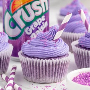 grape soda cupcake with a can of grape soda.