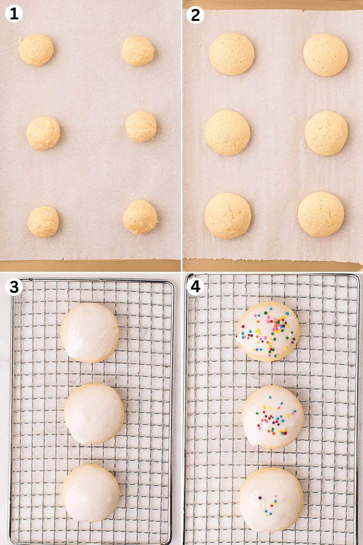 Roll batter into a ball and place on the baking sheets. Bake. Dip each cookie top in the glaze. Add sprinkles