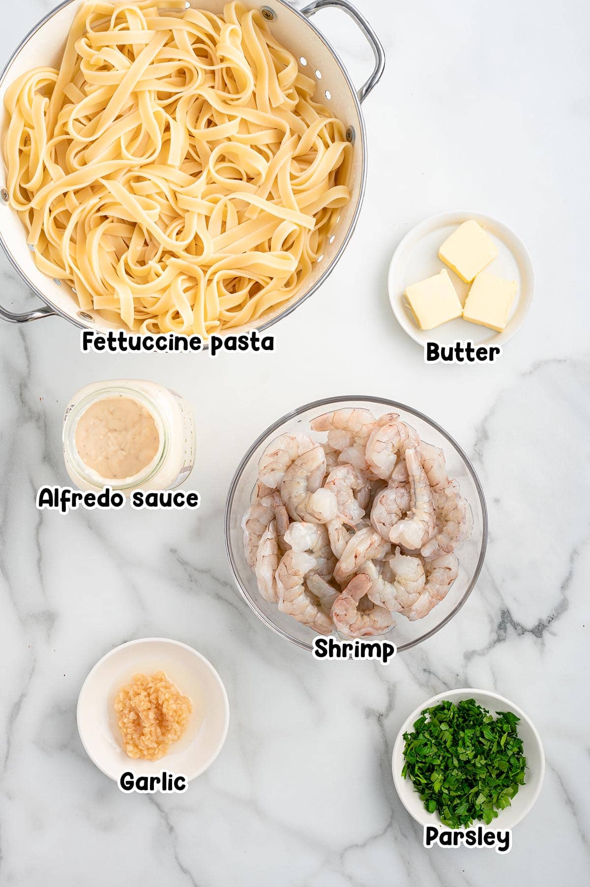 Shrimp Pasta Alfredo ingredients.