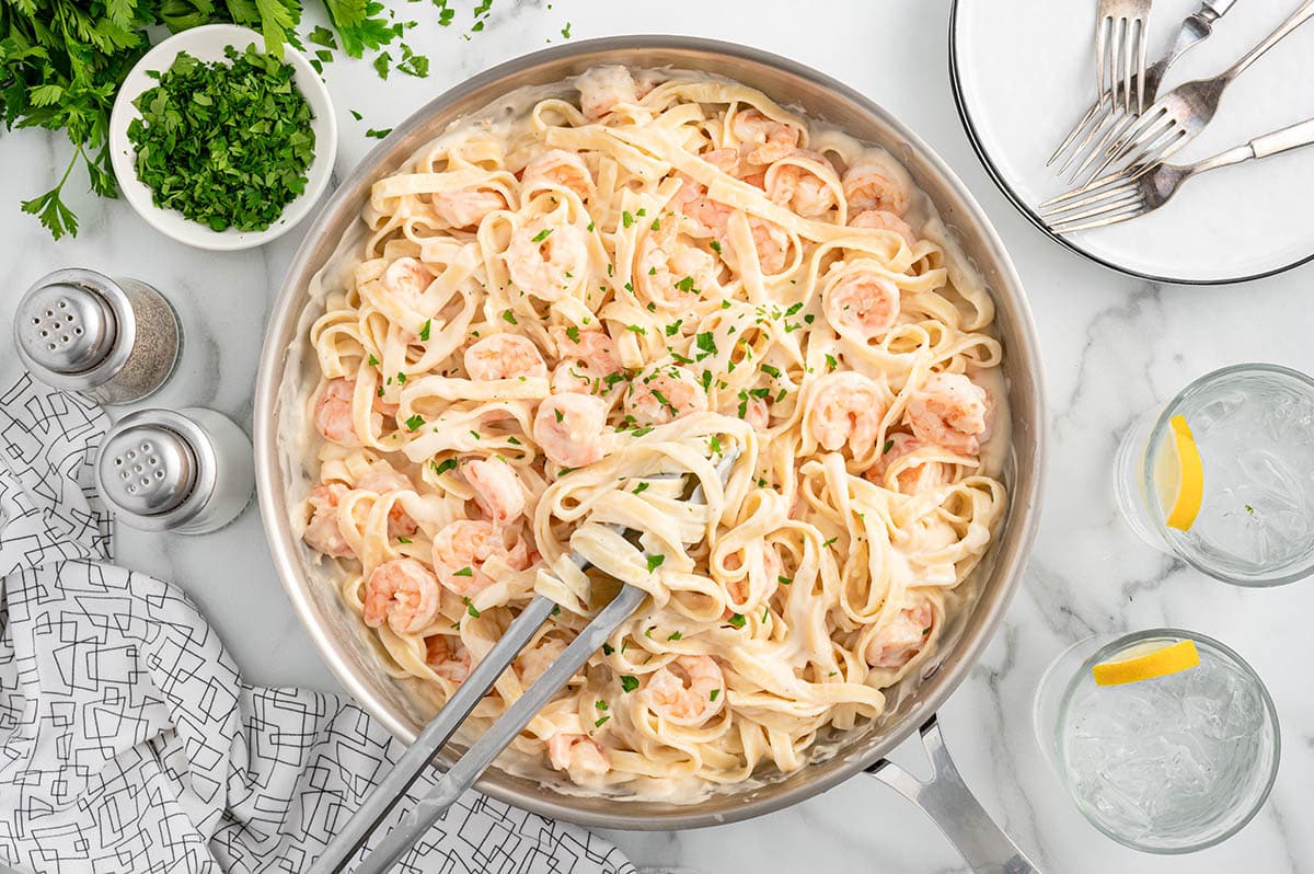 Shrimp Pasta Alfredo in a large pan.