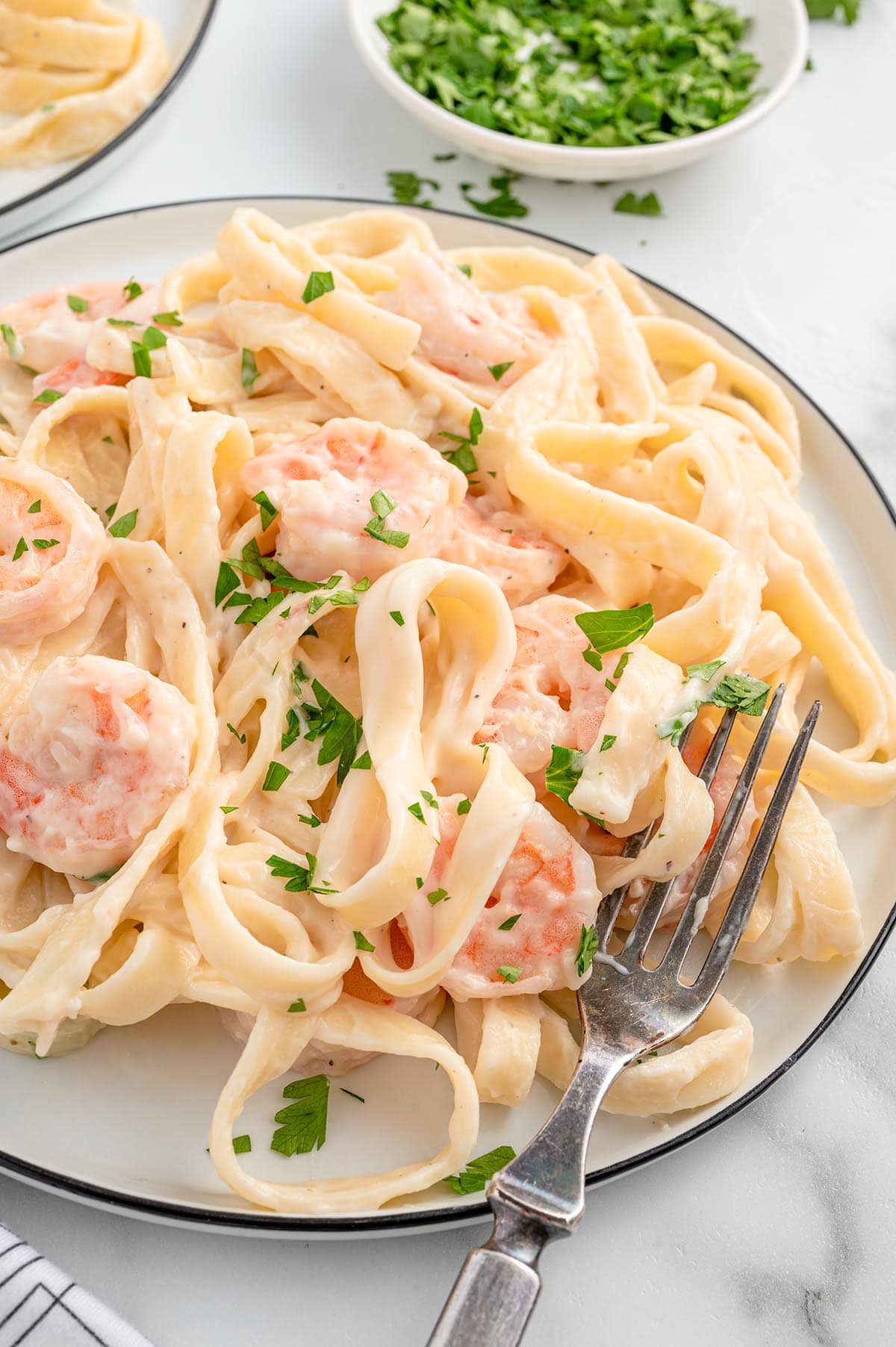 Shrimp Pasta Alfredo on a white plate.