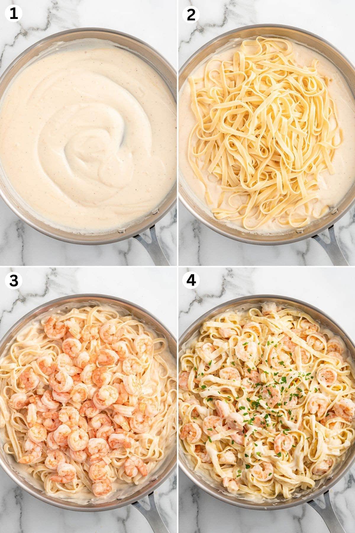 Stir the alfredo sauce. Add the cooked fettuccine to the skillet and toss. Add in the shrimp. Toss with the alfredo sauce coated fettuccine noodles.