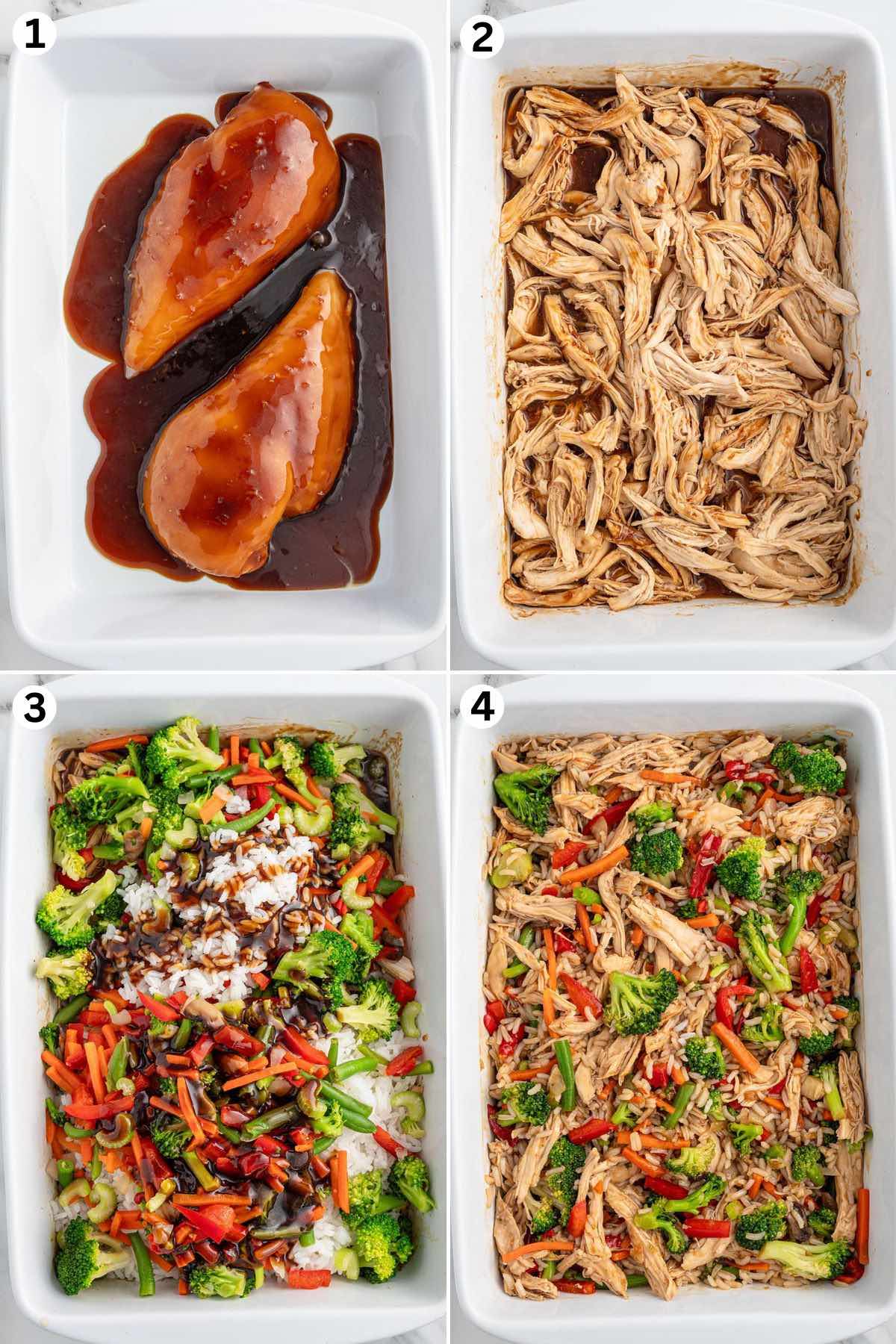 Pour teriyaki sauce over the chicken breasts and bake. Shred the chicken. Add the vegetables, rice, and remaining teriyaki sauce. Stir to combine and bake.