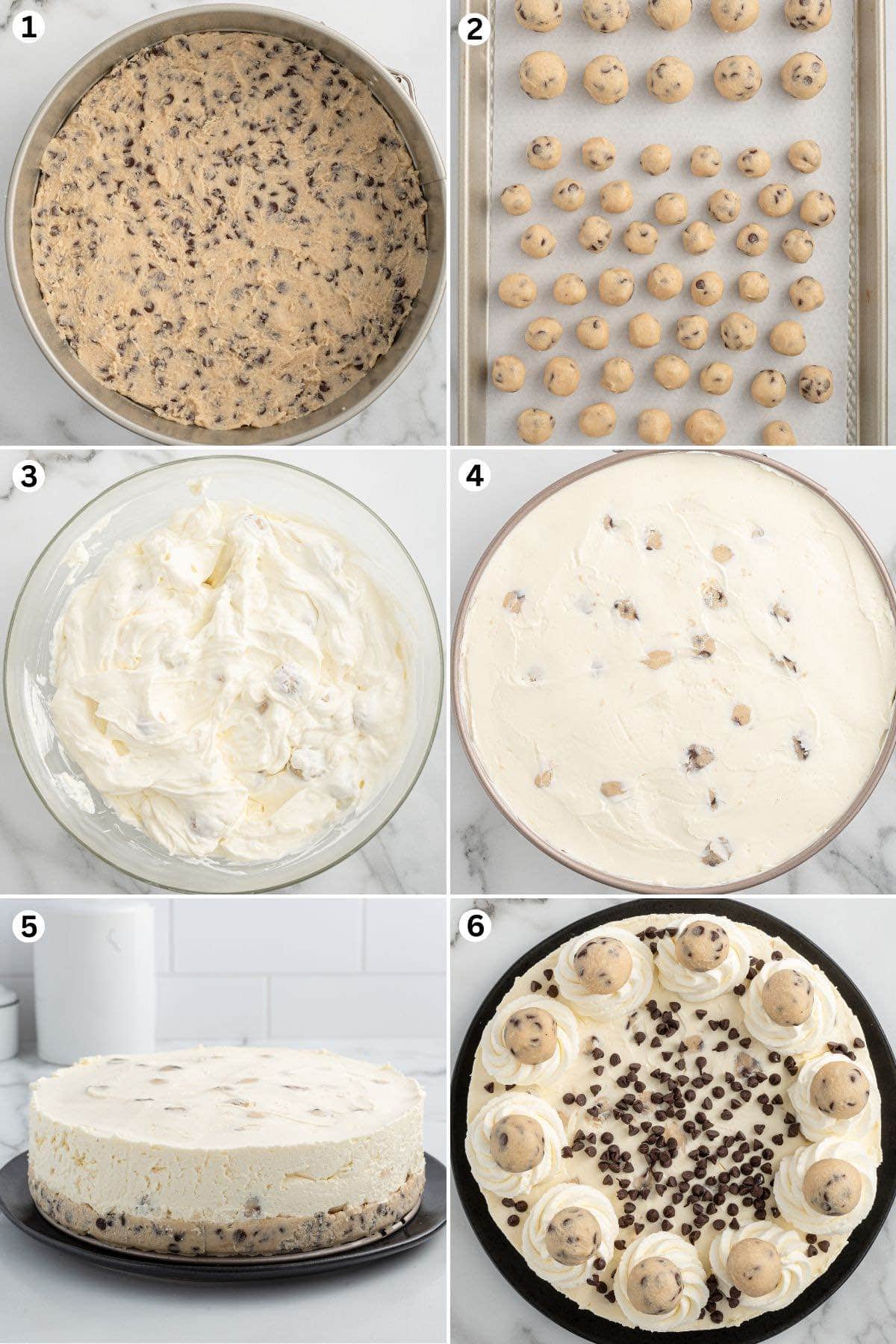 create cookie dough crust, roll cookie dough balls, make cream cheese filling, fold in cookie dough pieces, chill to set, and decorate with whipped cream, cookie dough balls, and chocolate chips.