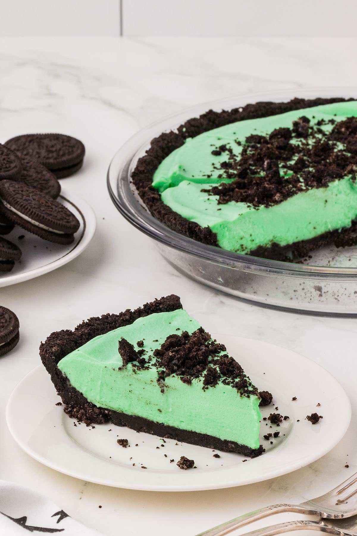 grasshopper pie served on a white plate.