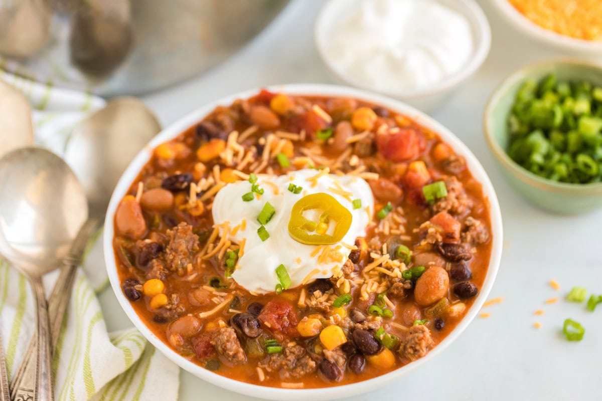 taco soup in a bowl. 