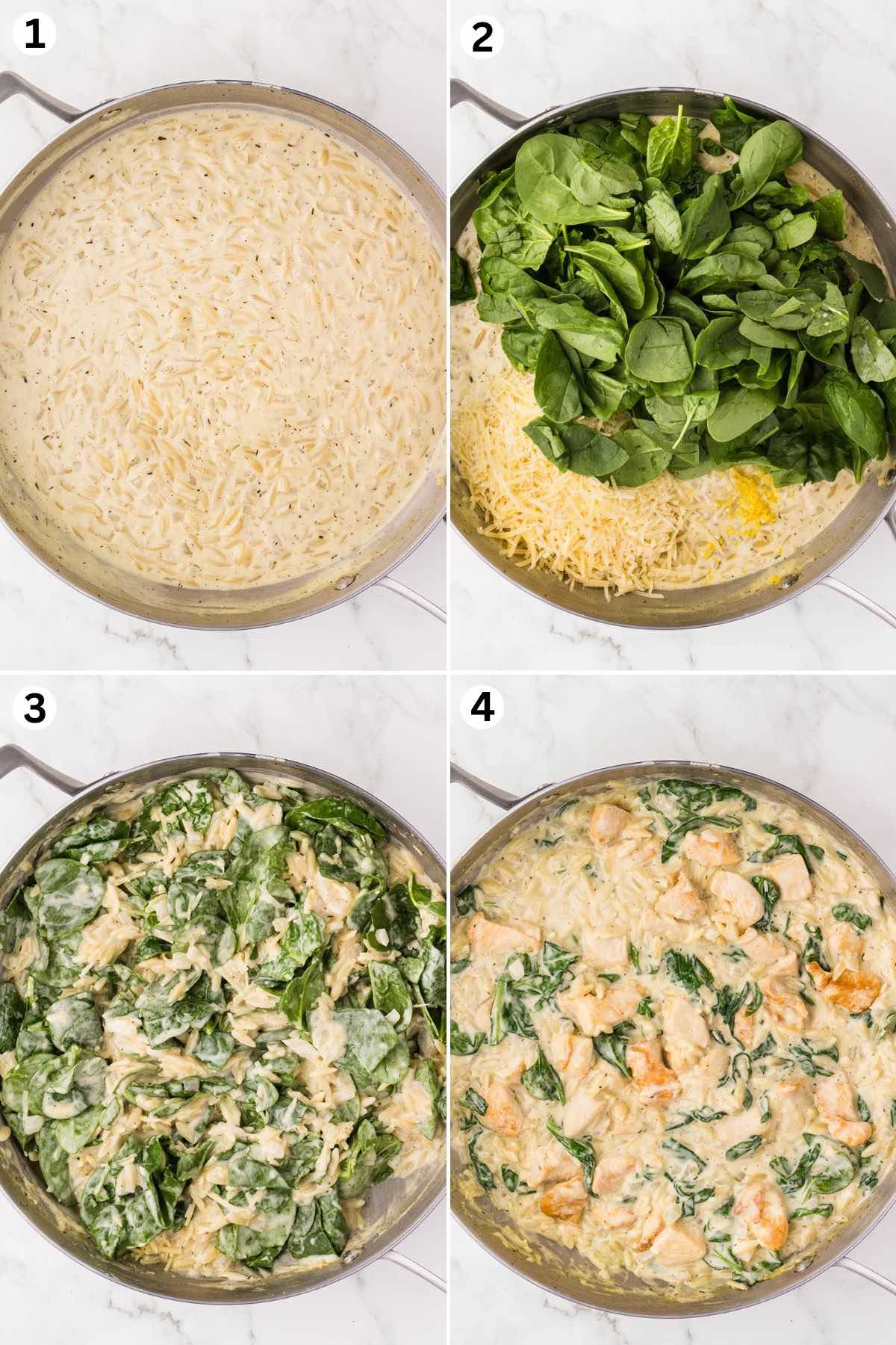 Cook the chicken until golden and set aside, sauté onion, garlic, and seasoning, then add broth, cream, and orzo to simmer, stir in lemon juice, spinach, and cheese, then mix in the chicken.