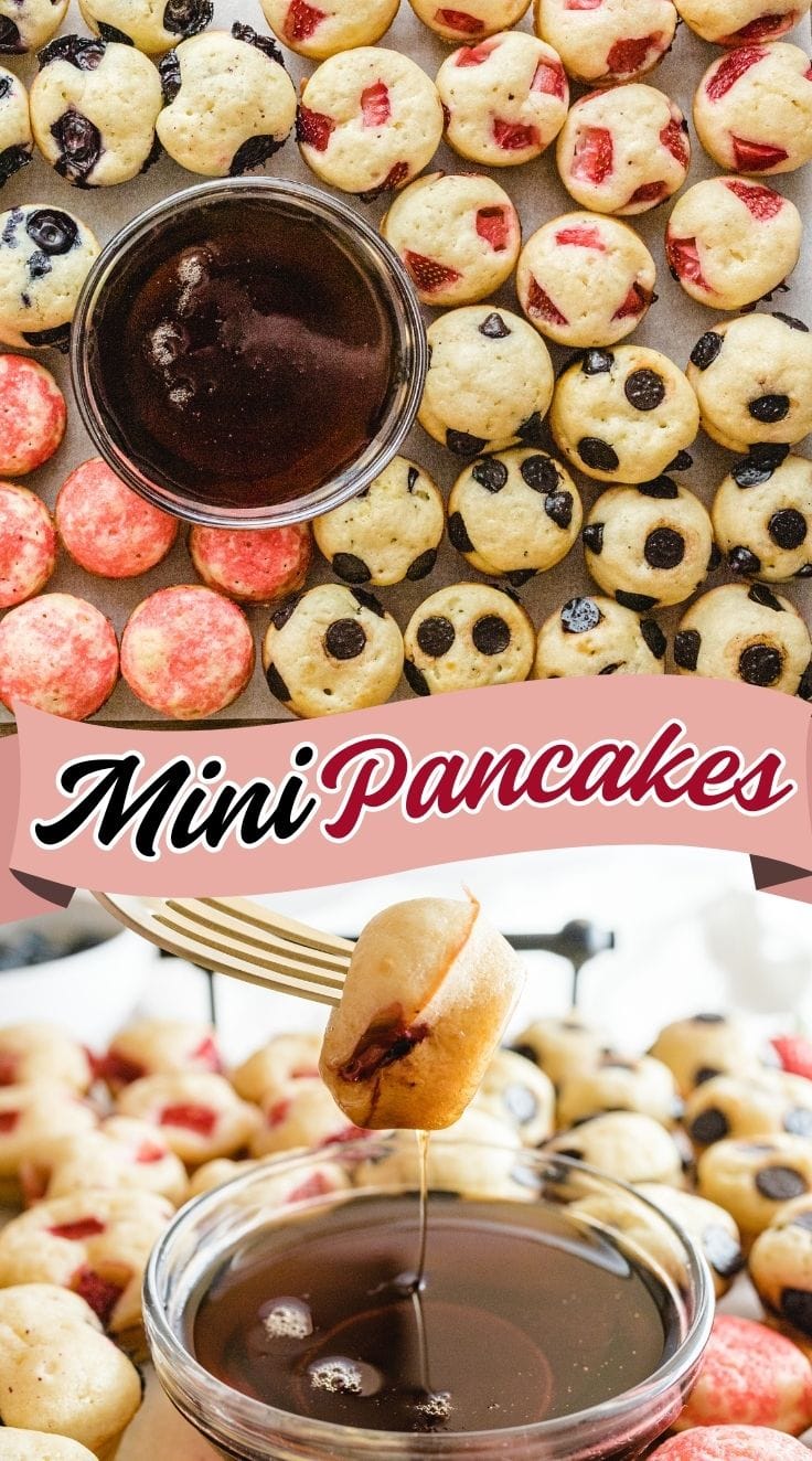 A fork stabbing a piece of mini pancake, digging it into a bowl of honey