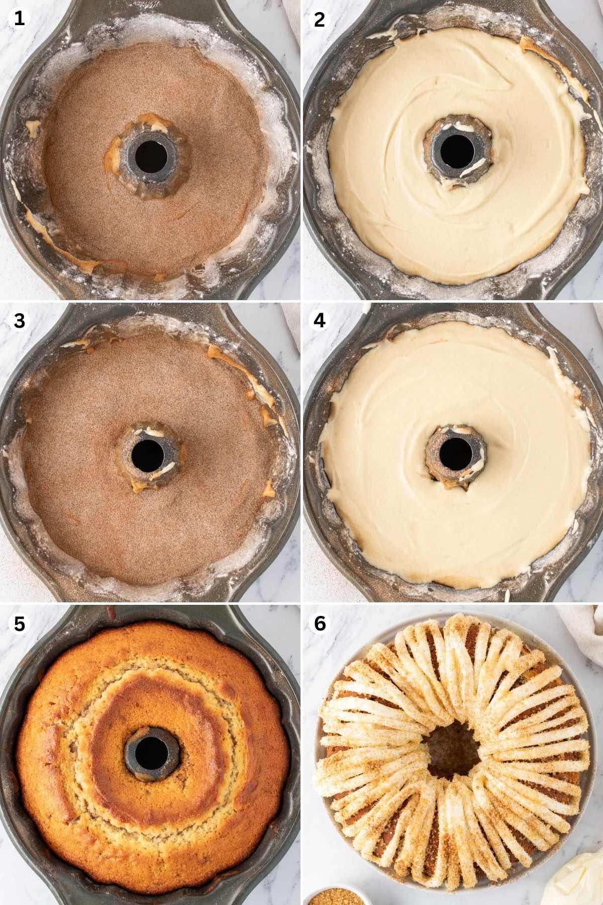 Pour 1⁄3 of the cake batter into the bundt pan and sprinkle with cinnamon sugar. Repeat with another 1⁄3 of batter, cinnamon sugar filling, and top with the remaining cake batter. Bake. Top with frosting. 