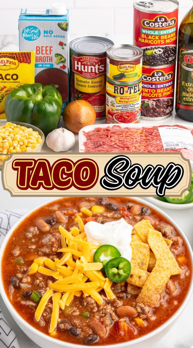 Hearty Taco Soup served in a bowl. Taco Soup ingredients.