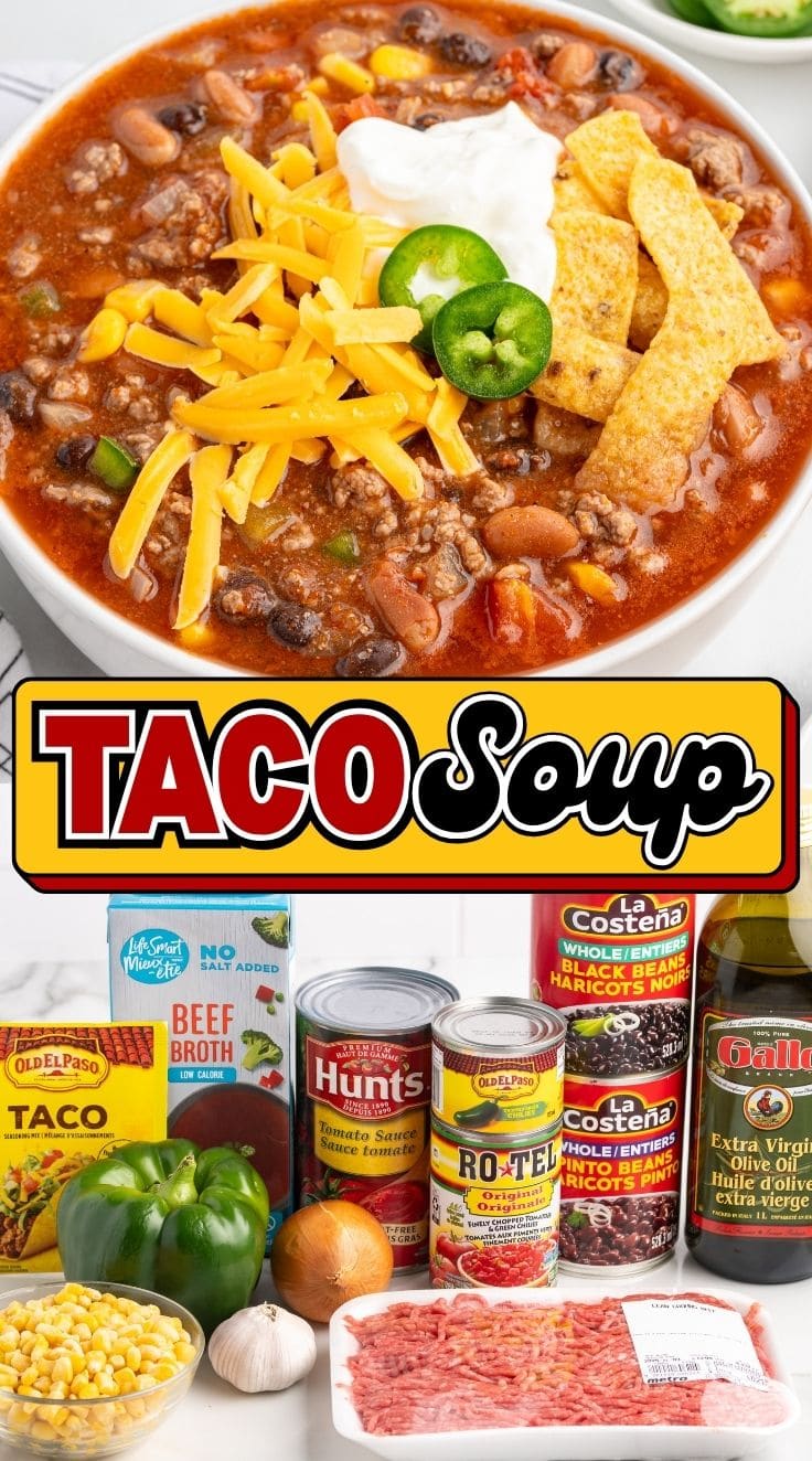 Taco soup ingredients. Taco soup in a bowl