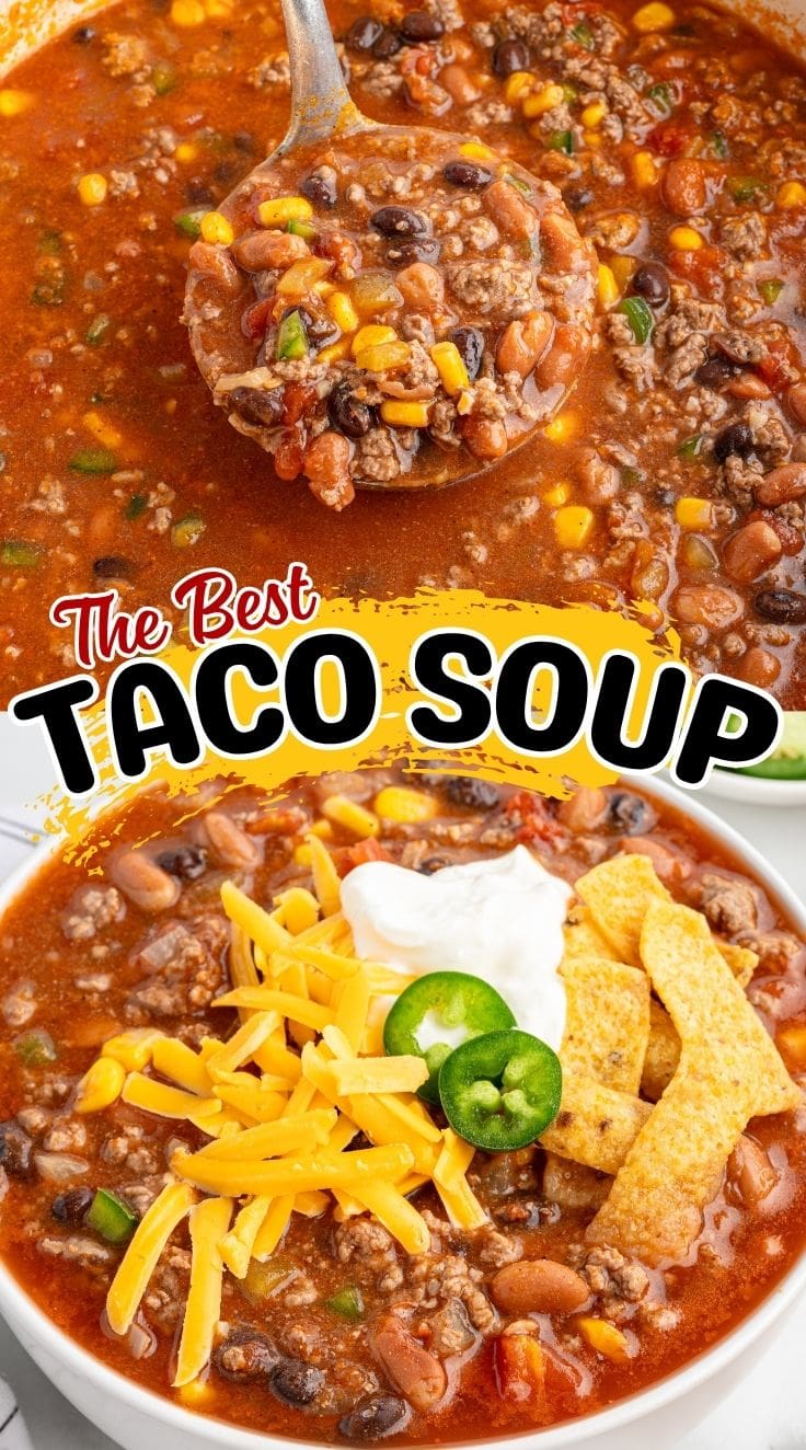 A ladle scooping into Taco Soup in a pot