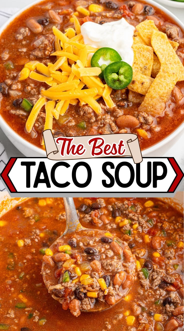 A soup ladle digging into hearty Taco Soup.